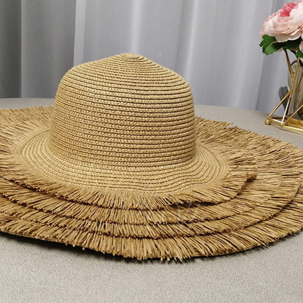 Brown Tassel Straw Hat for Women Foldable Sunshade Beach Hat Retro Vacation Woven Large Brim Sun Hats