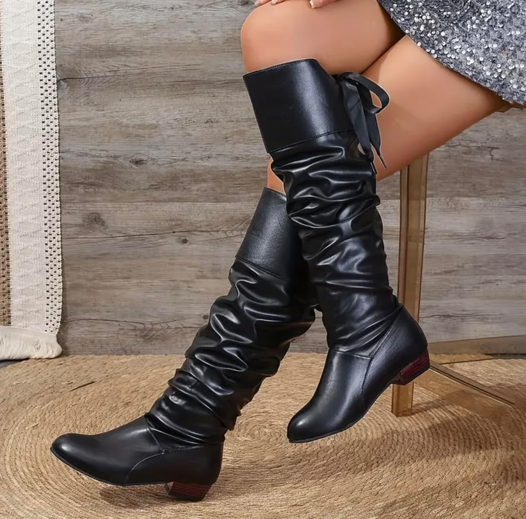 Knee High Boots Women with Bow Over the Knee FlatS Boots with Bow Tie, Fashion PU Leather Square Toe, Lace Up Chunky Low Heels for Winter Fall