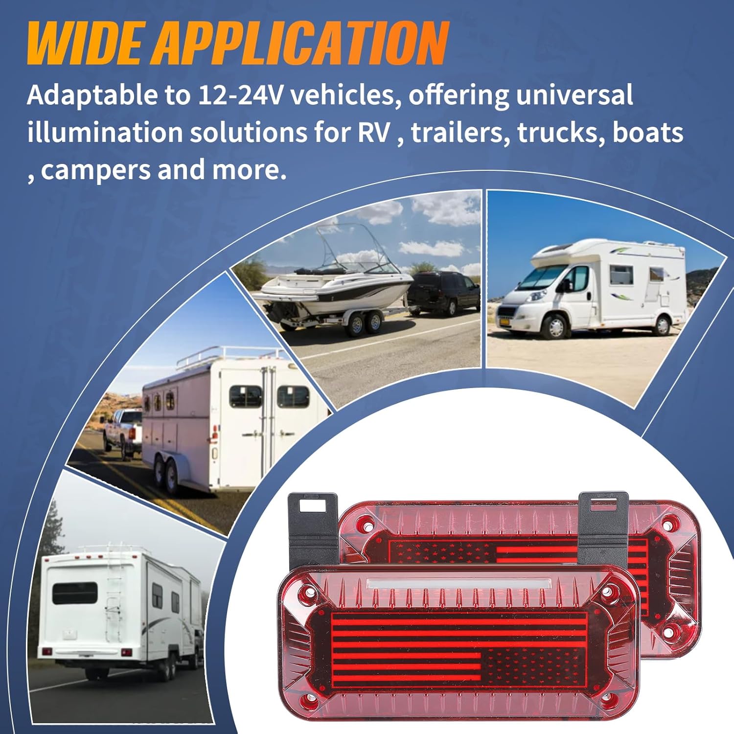 Gonice Patriotic RV Camper Tail Lights with License Plate Holder - American Flag Design 57 LEDs Trailer Tail Lights with Running, Turn Signal, Brake, and License Plate Functions - Surface Mount