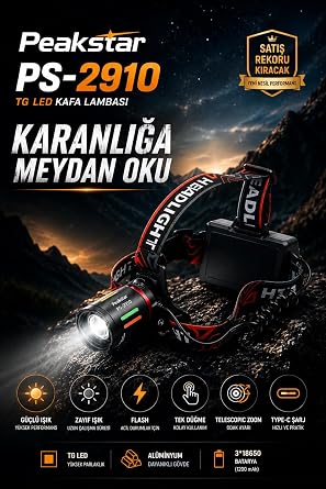 PeakStar PS-2910 3000 Lümen Şarjlı Profesyonel Zoomlu Kamp Avcı Balıkçı Kafa Lambası Feneri [Enerji Sınıfı A+++]