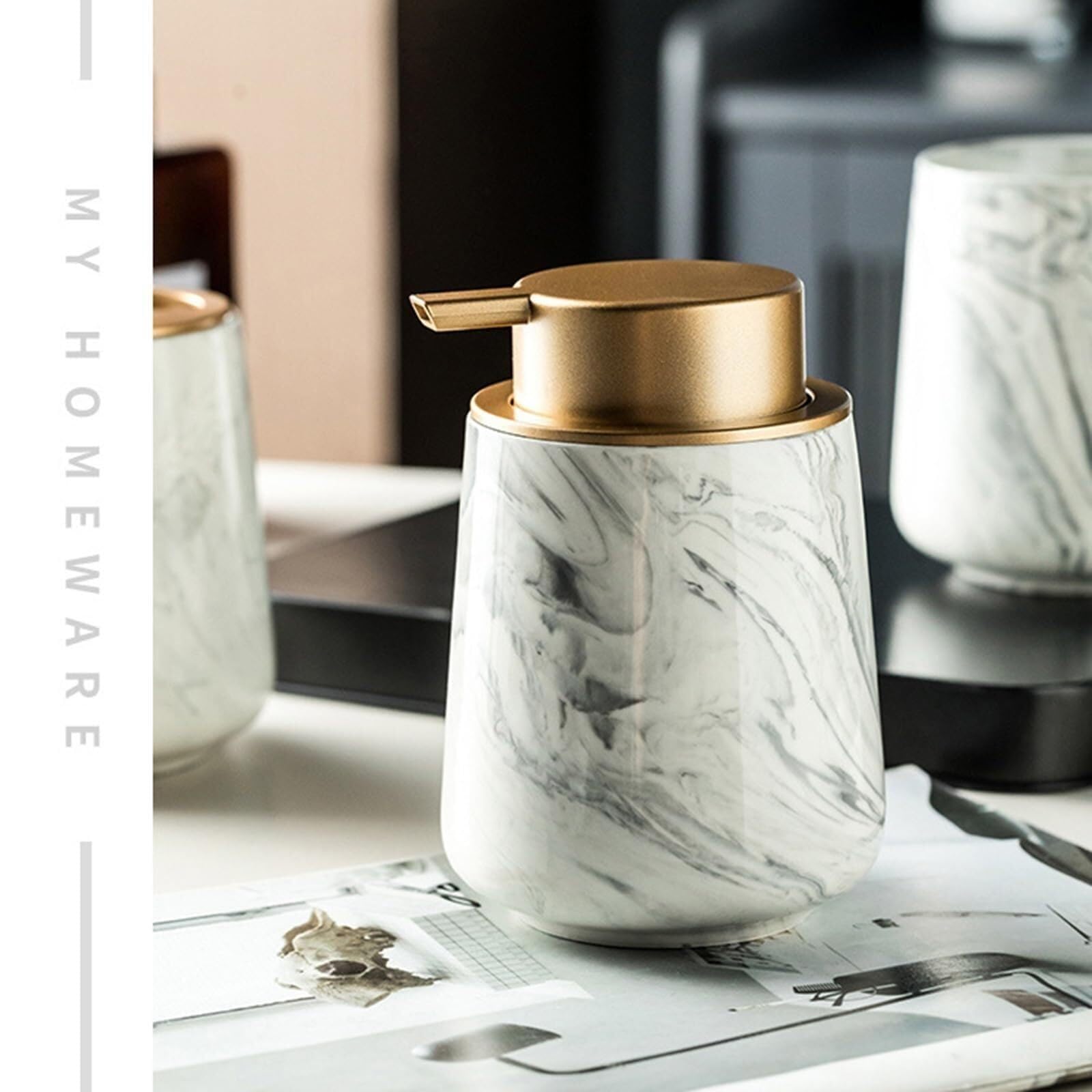Set di accessori per il bagno Set dispenser di sapone effetto marmo 4 pezzi, bicchiere for spazzolino da denti, portaspazzolino in ceramica Arredamento per gli affittuari(Gray 3)