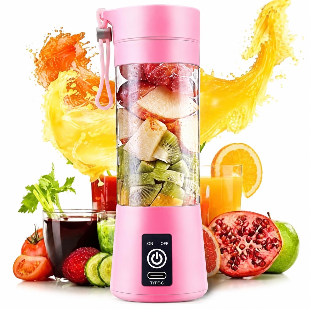 Portable Blender, USB-micro -USB Rechargeable, Six 3D Blades, Food Grade PC, Pink, 23.5cm, with Strainer and Sling Rope-image-12