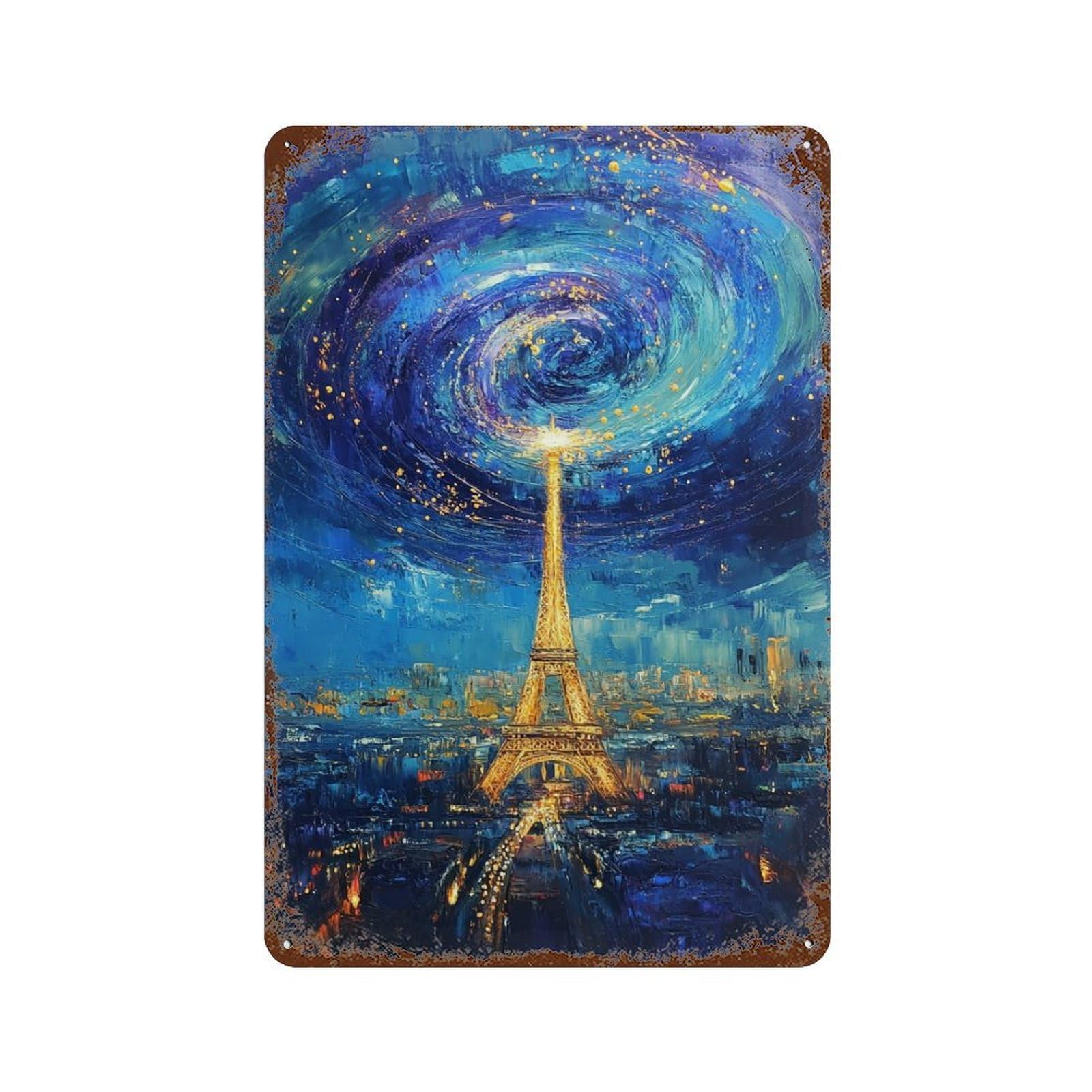 Rustic Tin Plaque Eiffel Tower Night Sky Painting 11.8"x7.9", Vintage Wall Decor for Pub, Kitchen And Man Cave Decor