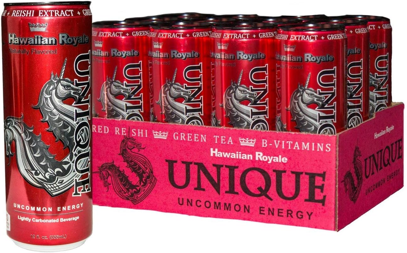 Unique Life Boost Keto Friendly Functional Beverage | Healthy Caffeine Drink | Natural Green Tea Reishi Mushroom Extract Low Calorie | Hawaiian Royale, 12oz Cans 12 Pack