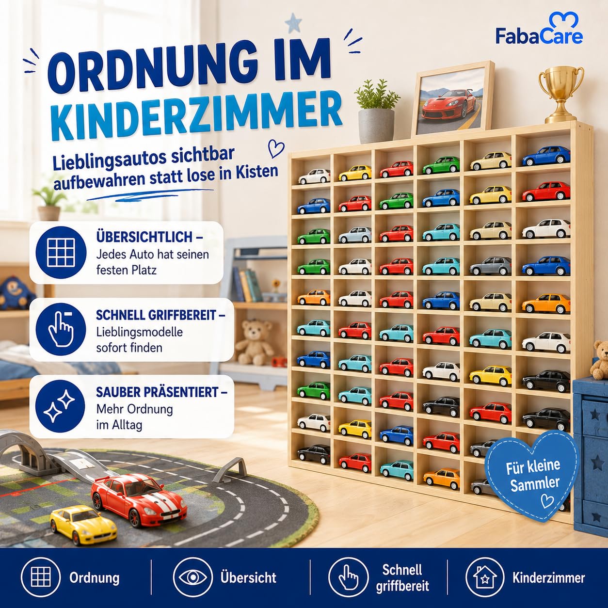 FabaCare Modellauto Regal aus Holz Setzkasten mit 60 Fächern zur Aufbewahrung von Spielzeugautos | Wand- oder Standregal für das Kinderzimmer & Sammler