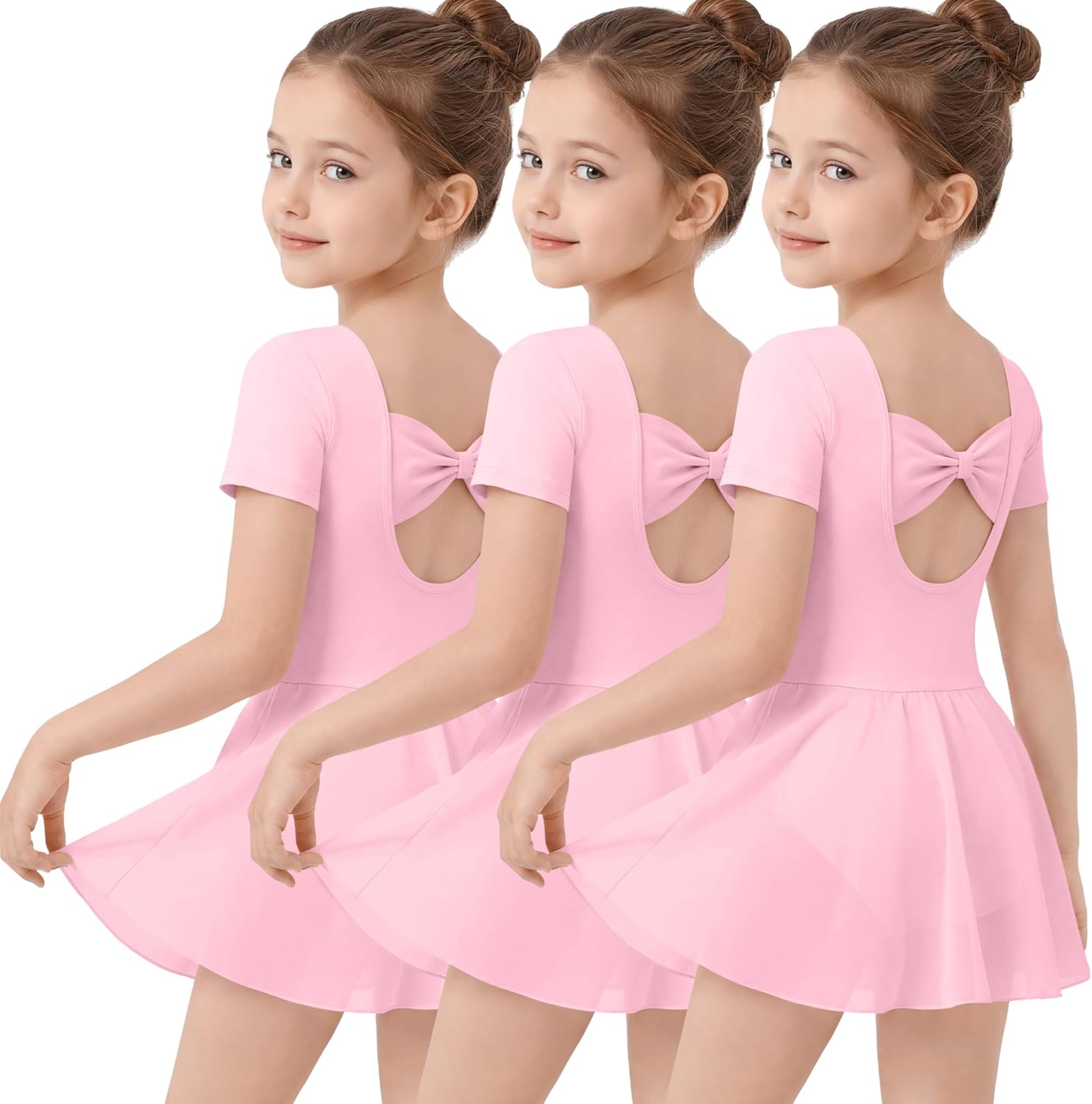 3 Pack Girls Ballet Leotards with Skirt Toddler Short Sleeve Leotard Outfits Kids Dance Skirt Dress with Bow