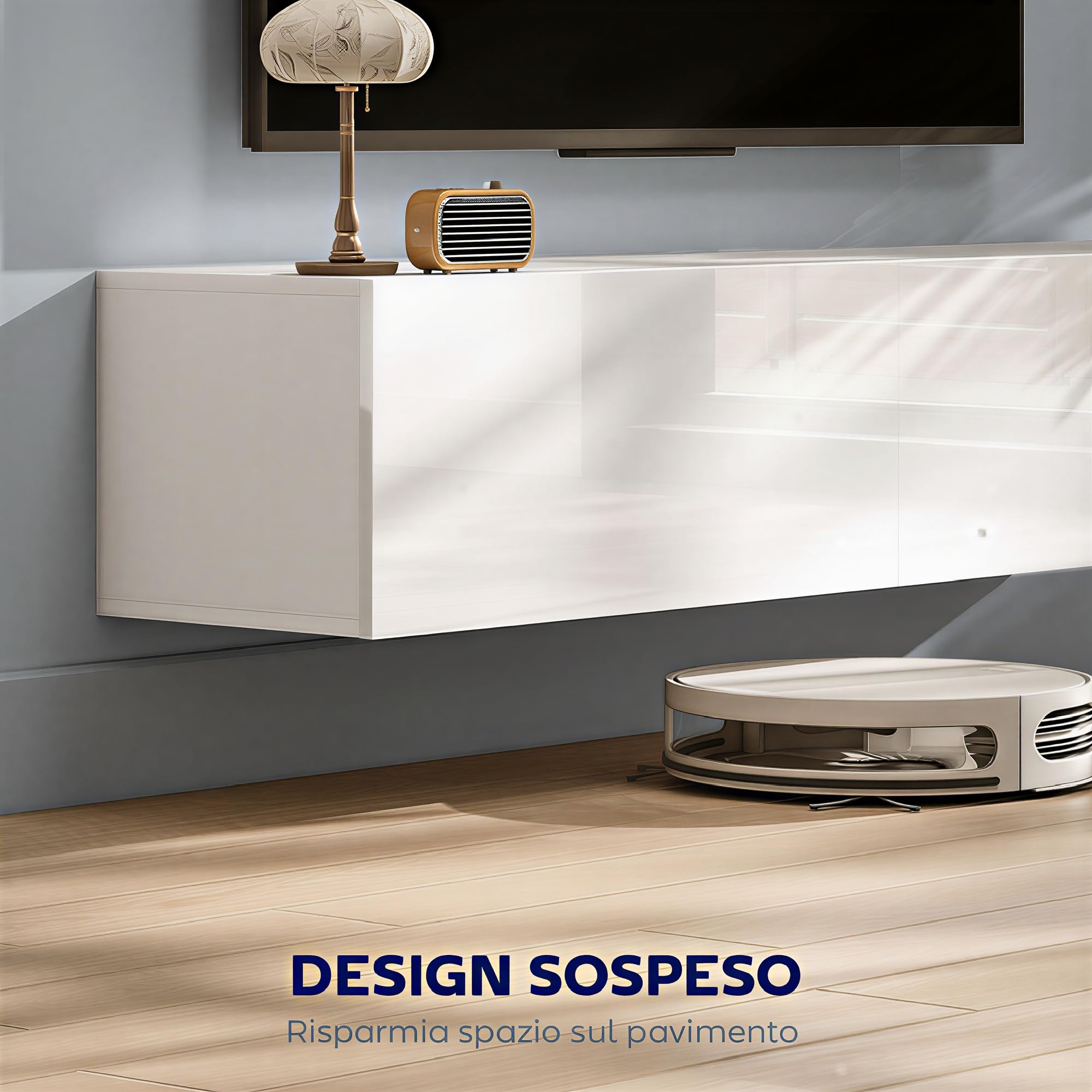 HOMCOM Mobile TV Sospeso per Televisori 45"-55"-65" Mobile Porta TV con 2 Armadietti con Ante a Ribalta per Salotto, Soggiorno e Camera da Letto 140x33x29.8 cm Bianco Lucido