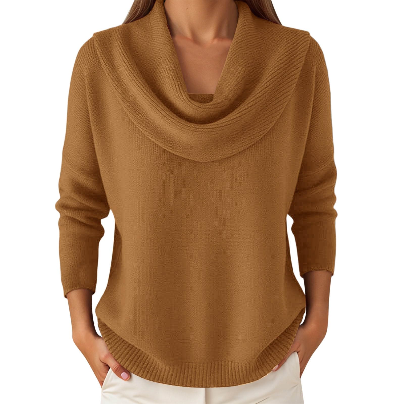 Womens Draped Cowl Neck Knit Sweaters Long Sleeve Vintage Blouse Top Casual Fall Trendy Outfits Clothes 2025