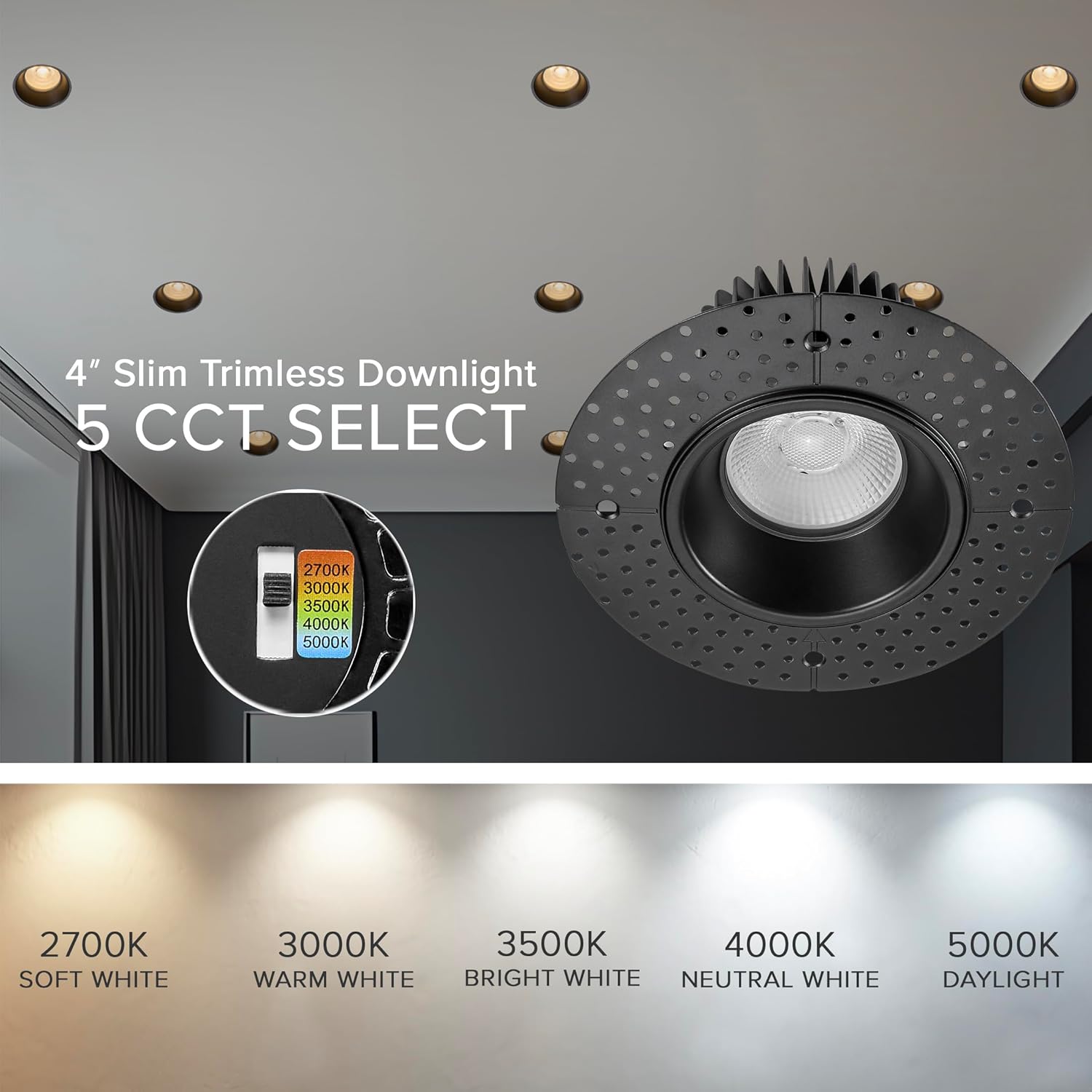 Maxxima 4 in. Trimless Ultra-Thin Recessed Anti-Glare LED Downlight Canless IC Rated 1000 Lumens 5 Color Temperature Selectable 2700K/3000K/3500K/4000K/5000K, Dimmable, Black, 5 CCT Slim J-Box Incl