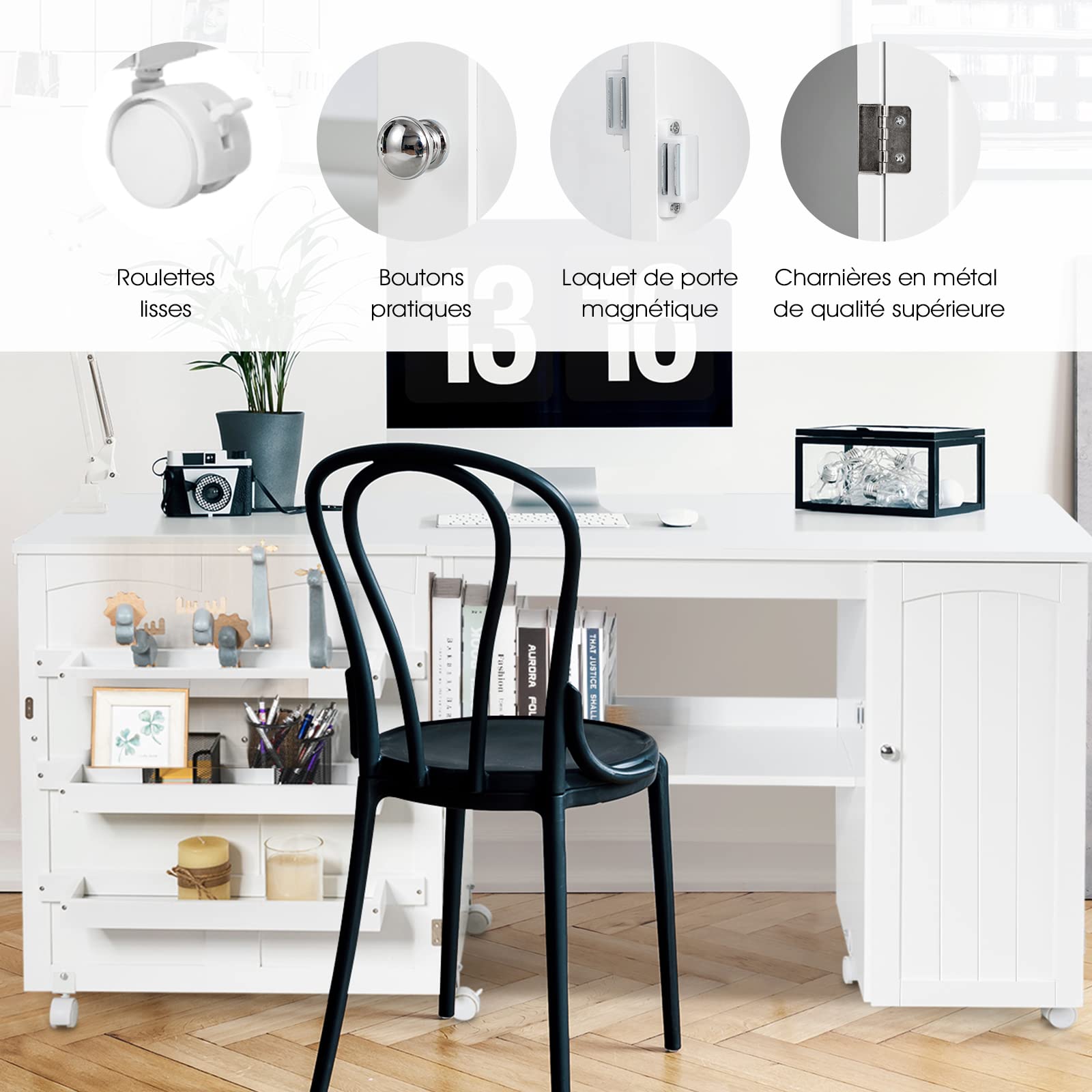 RELAX4LIFE Table de Machine à Coudre Pliable avec 4 Etagères et Armoire Latérale, Armoire à Machine à Coudre avec 6 roulettes et Freins, 158x50x74CM, Blanc/Naturel/Brun(L, Blanc)