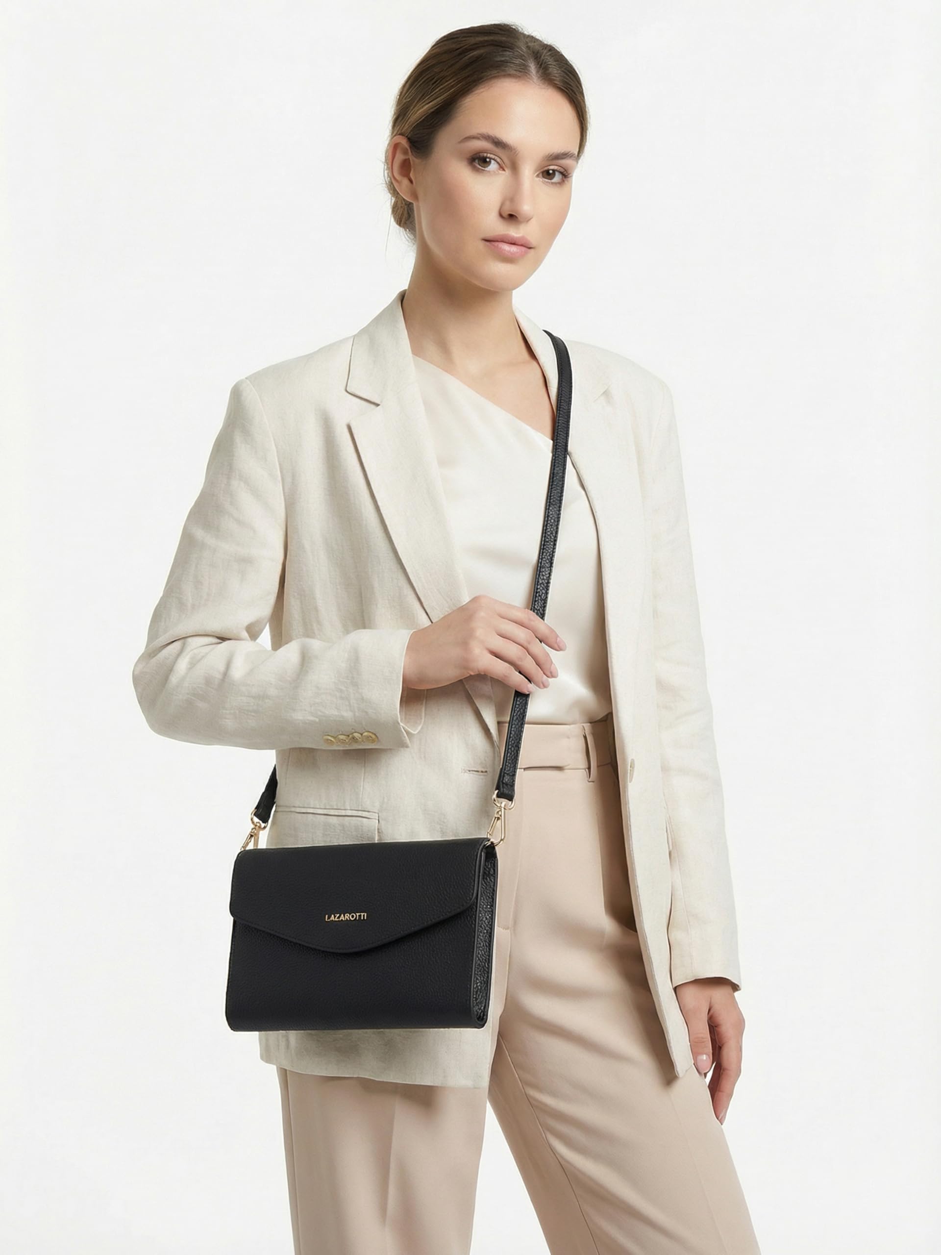 Lazarotti Bologna Leder Clutch | 23 cm mittelgroße Damen Umhängetasche | Hand-Tasche mit abnehmbarem & verstellbarem Schulterriemen