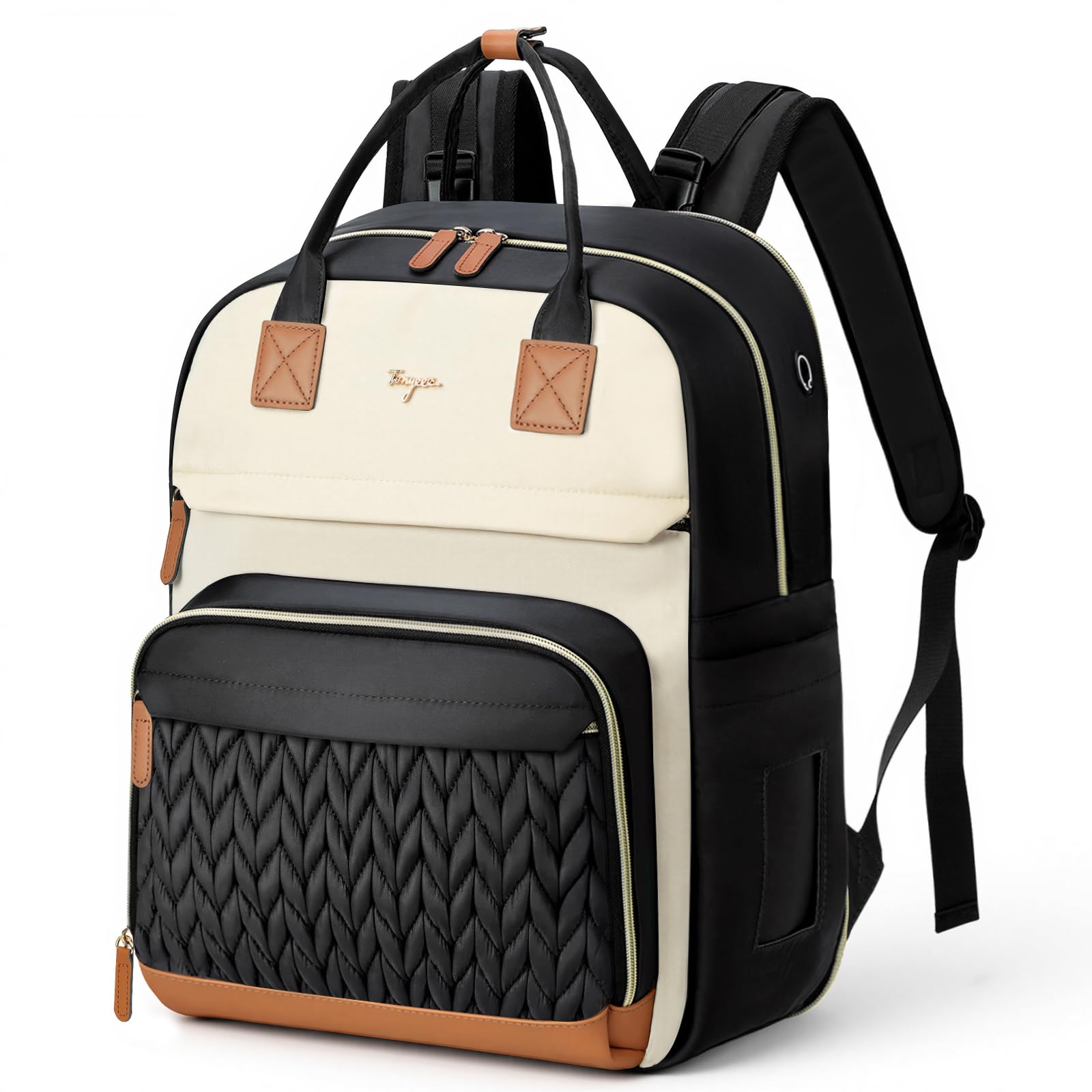 Tonyeee Diaper Bag Backpack - Extra Large Diaper Backpack for 2 Kids Twin, Travel Baby Bags for Mom Dad 25-37L Expandable with Changing Pad, Quilted Beige Black