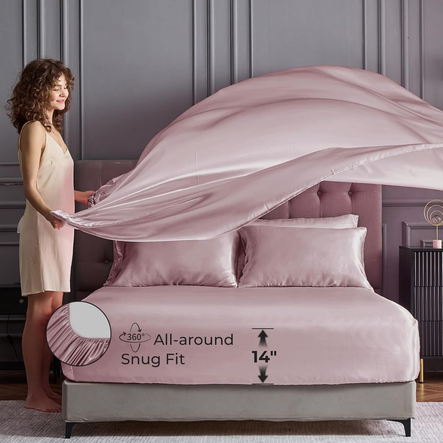 Sasttie Satin Sheets King - 4 Pieces Luxury Soft Dusty Pink Silky Bed Sheets Set with Pillowcases - Smooth Silk-Like Satin Fabric, Reinforced 14 Inches Pocket, Oeko-Tex Certified