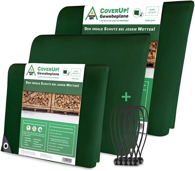 CoverUp! fabric tarpaulin incl. tarpaulin tensioners - tarpaulin with eyelets protective tarpaulin tearproof waterproof 200 g/m2 (Green, 2 x 3 m)