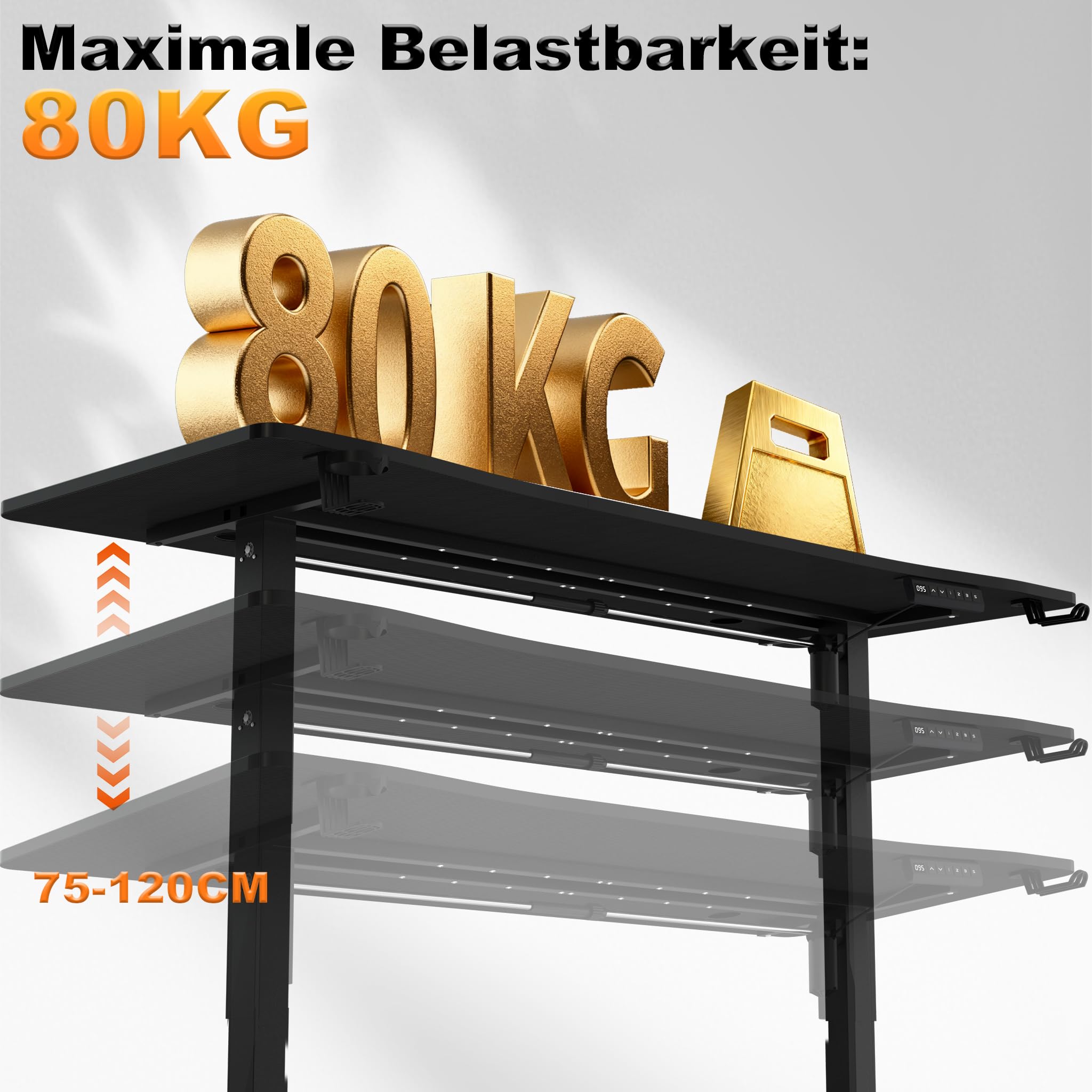 AufuN Höhenverstellbarer Schreibtisch Elektrisch 120/140/160 x 60cm mit Typ-C Ladeanschluss, Mobiler Computertisch mit Kabel Management, Standing Desk mit 3 Memory Funktion (Schwarz, 140 x 60cm)