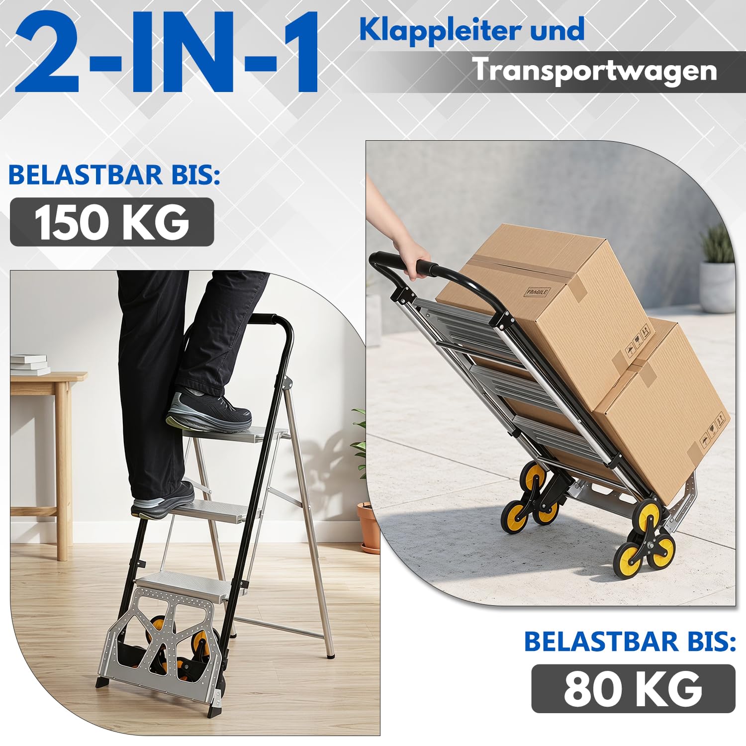 Carrello per scale 2 in 1 con scala a 3 gradini, per scale