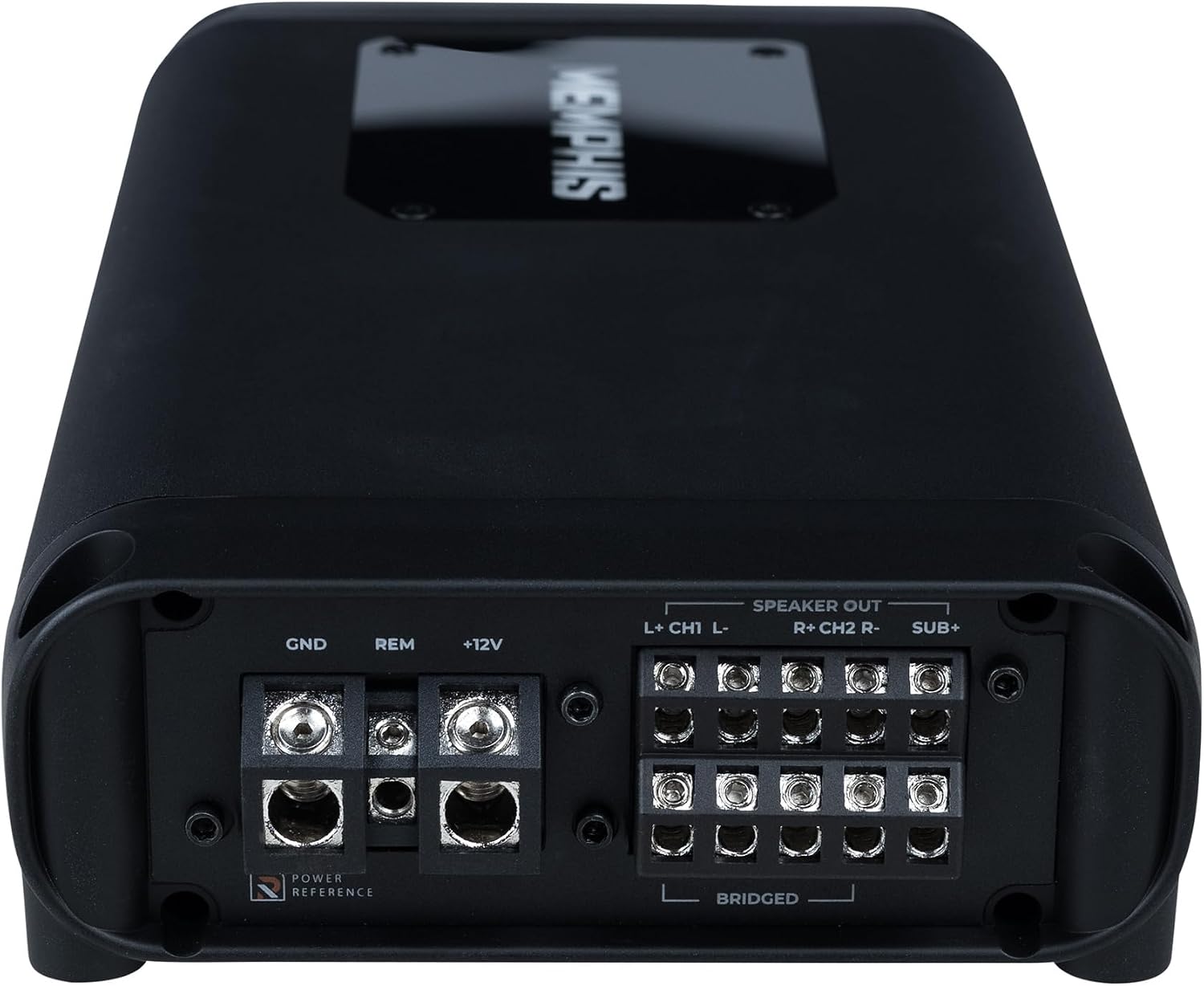 Close-up view of the power and speaker output terminals