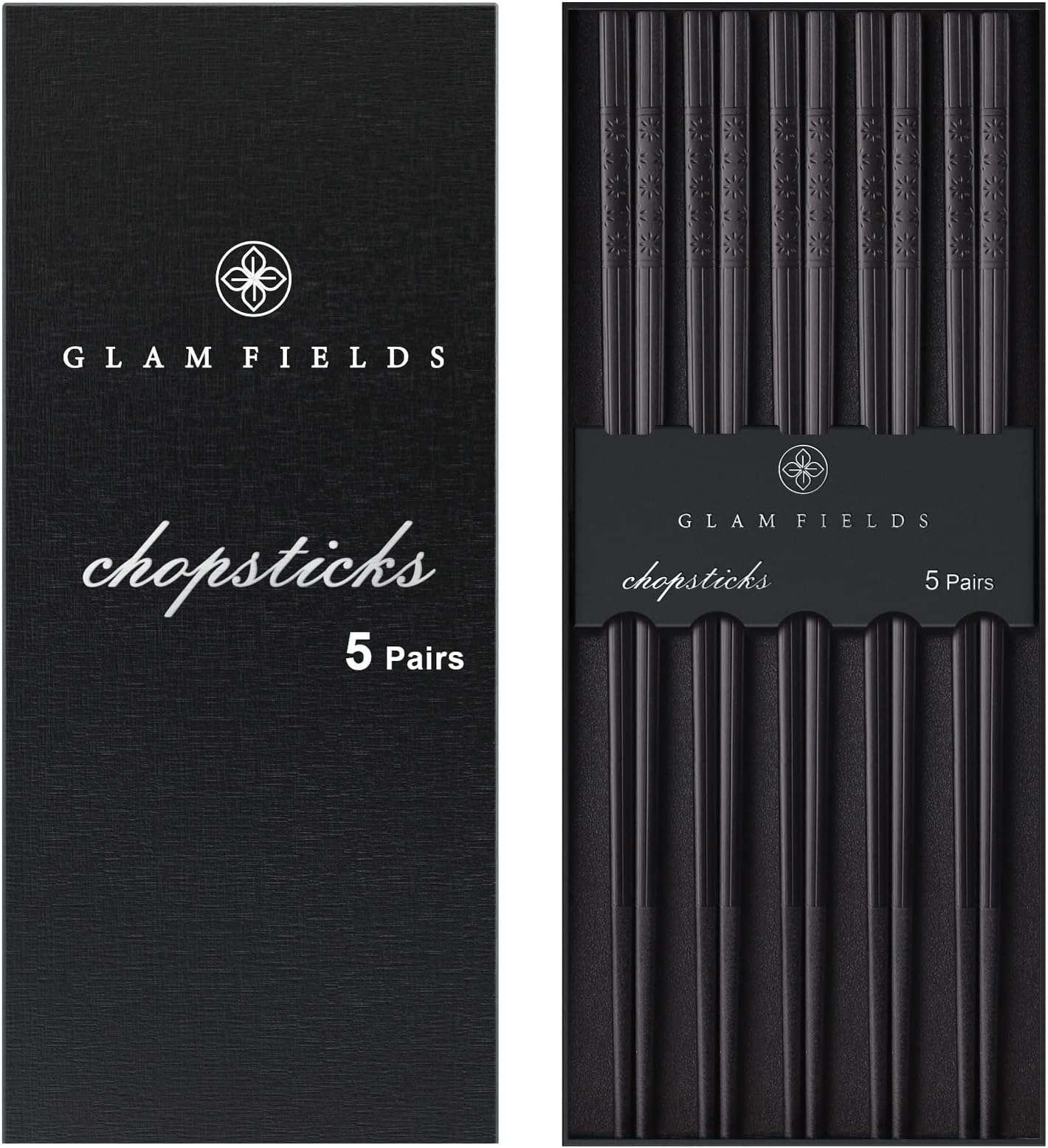GLAMFIELDS Chopsticks, 5 Pairs Premium Black Chopsticks Reusable for Sushi Japanese Matte Anti-slip Chop Sticks with Gift Case Lightweight Dishwasher Safe, 9 1/2 Inches