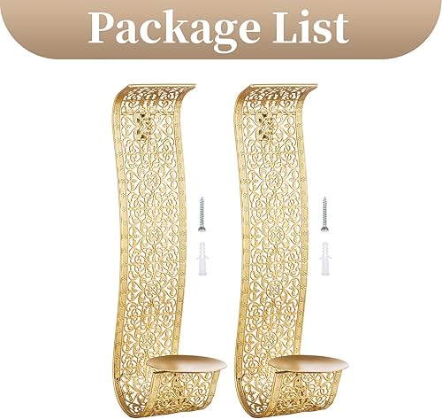 Miniatura 7 de Sziqiqi Juego de 2 Candelabros Dorados de Pared para Decoración - Soporte Rústico de Vela de Pilar de Pared para Decoración de Pared de Pasillo