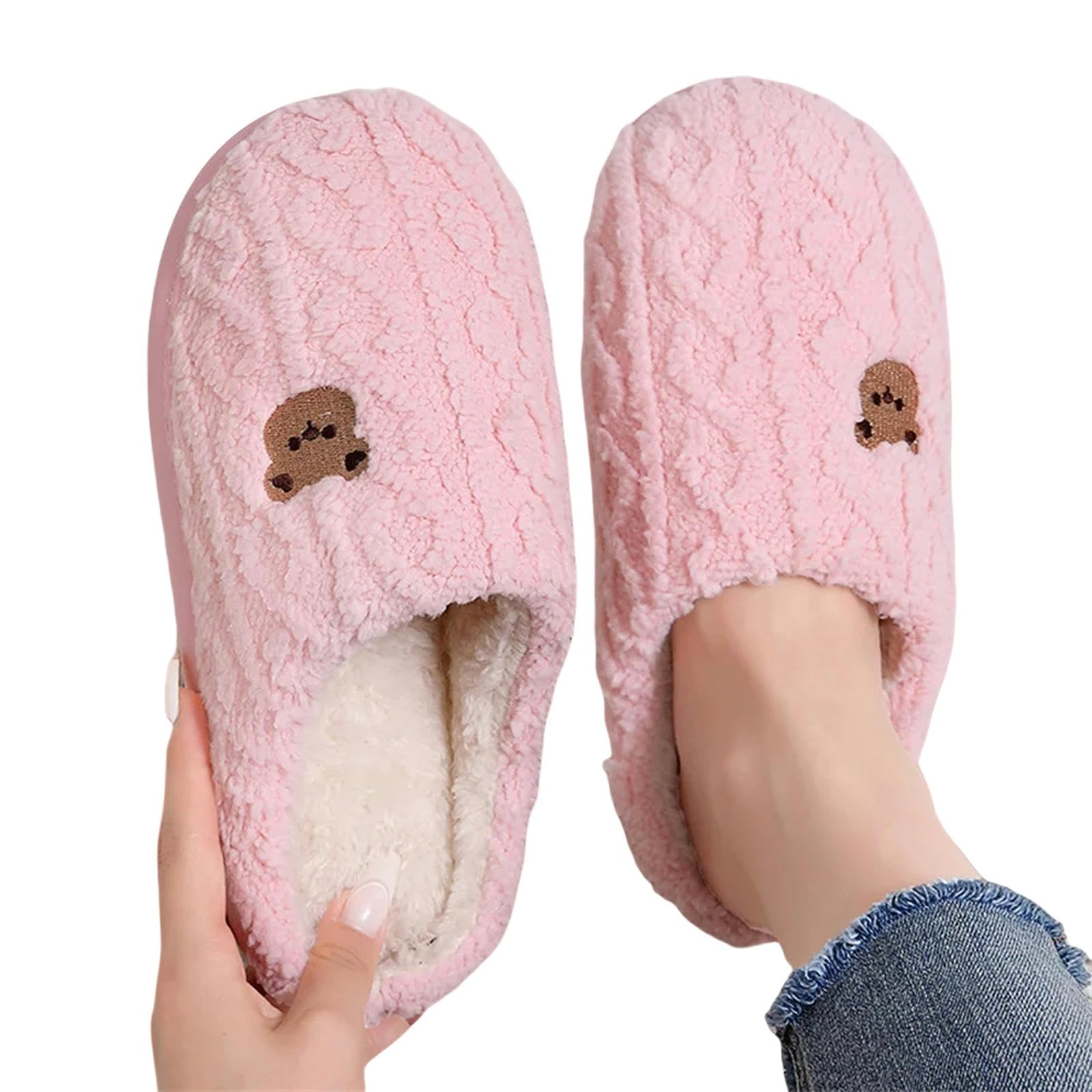 Kapcie damskie urocze kapcie unisex domowe wygodne pluszowe buty wsuwane z podszewką, męskie ciepłe jesienne zimowe klapki-różowe-36-37