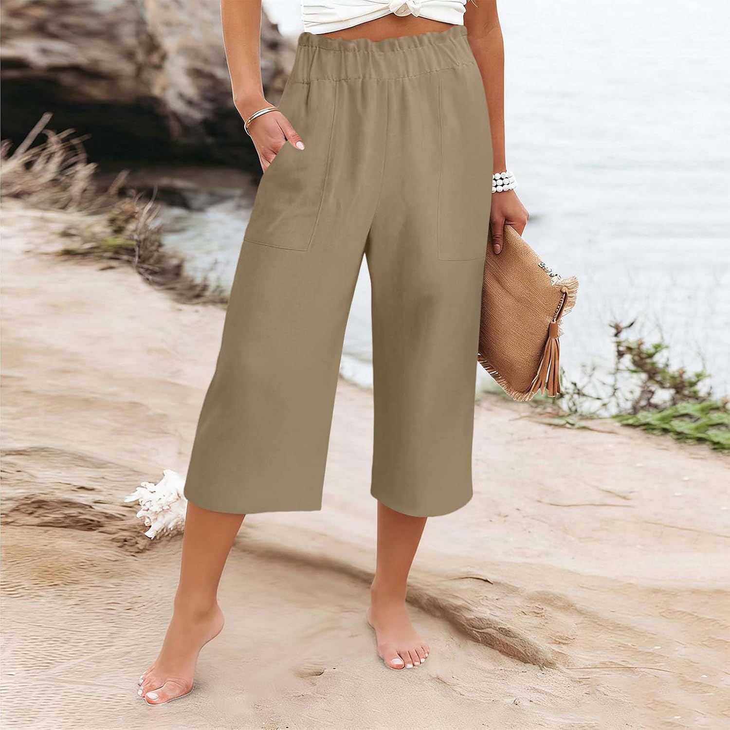 Cotton Linen Capri Pants for Women Casual Elastic Waist Straight Leg Cropped Trousers Summer Beach Vacation Capris