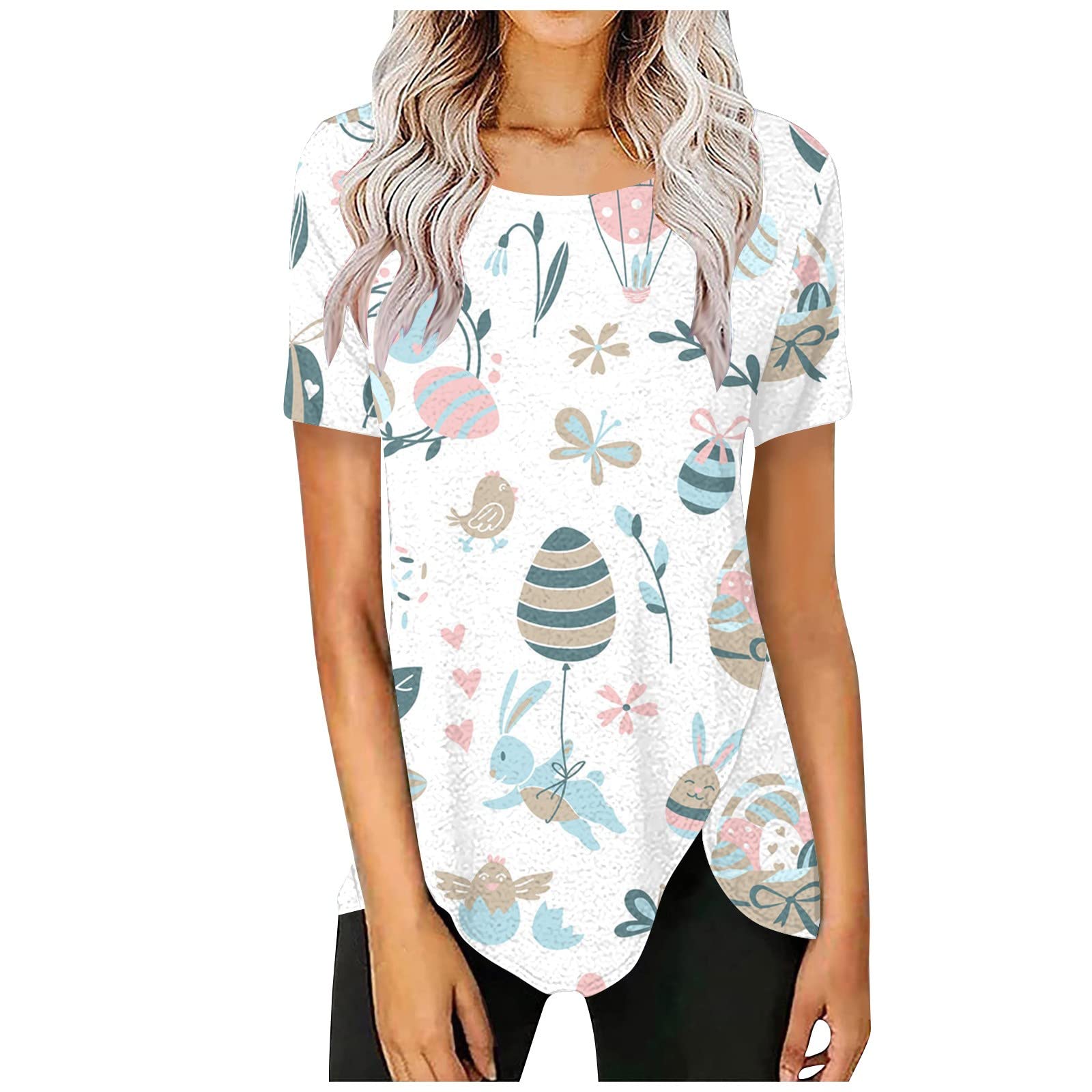 Women's Classic-Fit Round Neck T Shirt Breathable Easter Printed Tops 2023 Summer Stretchy Short Sleeve Blouses