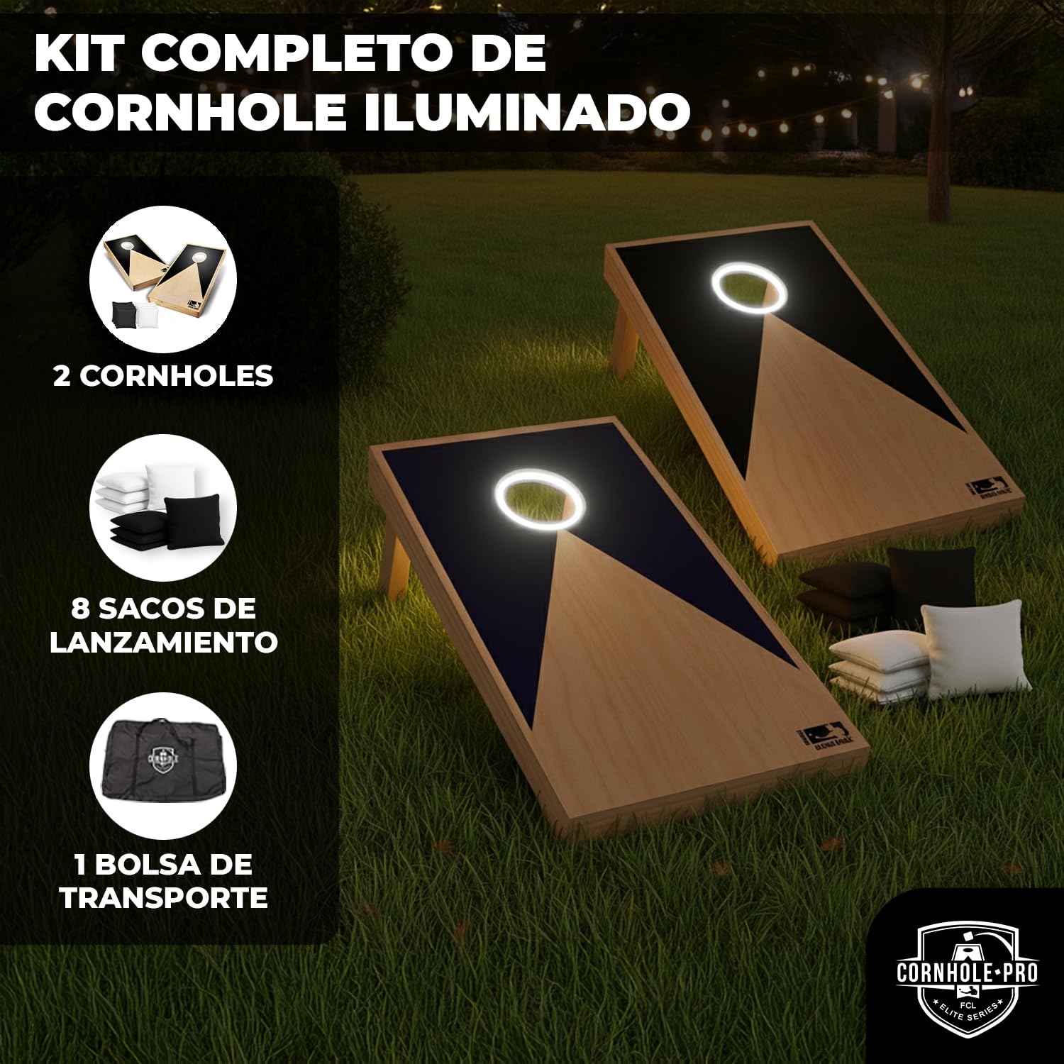 Cornhole Oficial Luminoso de Madera – 90×60 cm – 2 Tableros con Leds + 8 Sacos – Set Completo con Bolsa de Transporte – Juego Exterior para Jardín y Noches – Original Corner