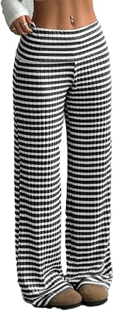 Womens Comfy Striped Lounge Pants Casual Low Rise Wide Leg Sweatpants Knitted Pajama Pants Trousers