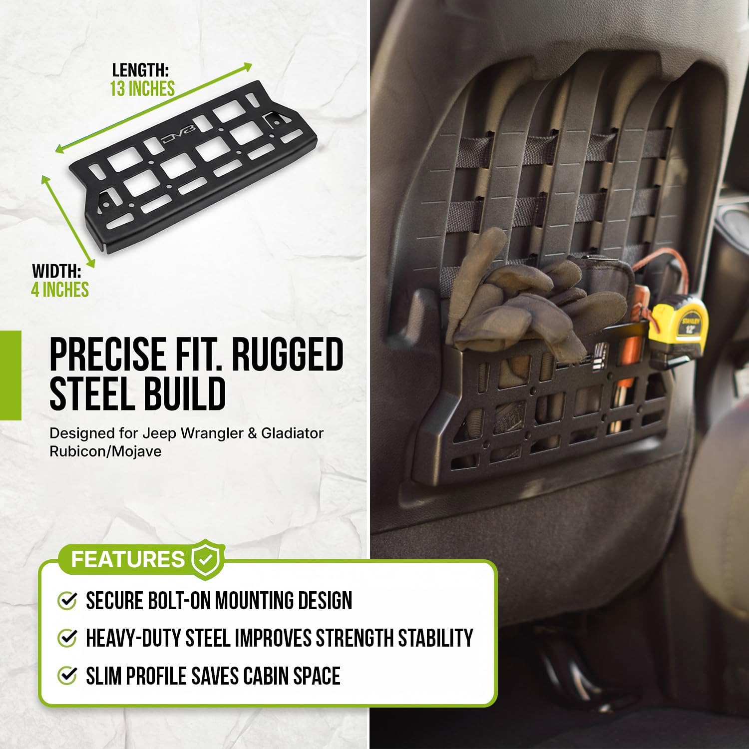 DV8 Offroad Back Seat Molle Panels Compatible with Jeep Wrangler JL Rubicon (2018-2026) & Gladiator JT Rubicon/Mojave (2020-2026) - 3.5mm Steel Construction, Tactical Molle Panels for Storage