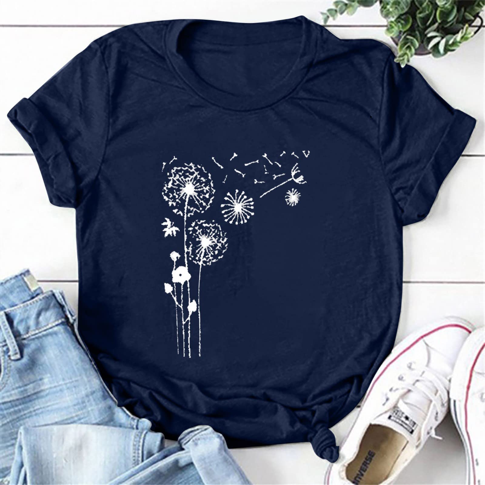 Summer Dandelion Graphic Tees Summer Basic Shirt Tops 2024 Summer Short Sleeve Shirt 2024 Womens Summer T-Shirts 2024 Summer Short Sleeve Shirt(01-Navy,XX-Large)
