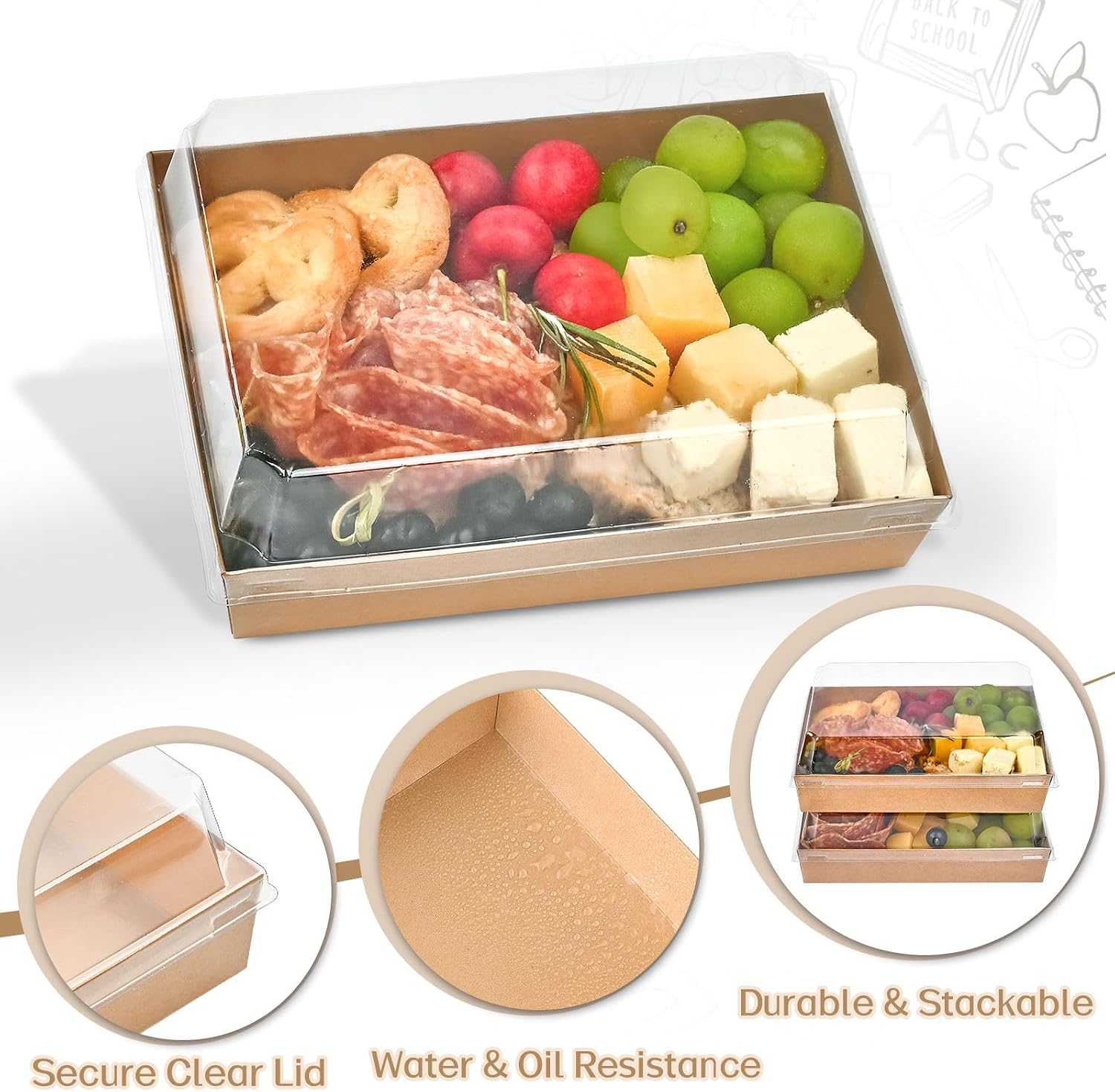 Ocmoiy Charcuterie Boxes with Clear Lids, 7x5 Inches, 50 Pack, Brown | To Go Paper Food Containers, Disposable Bakery Boxes, For Sandwiches, Strawberries, Cookies, Cupcakes
