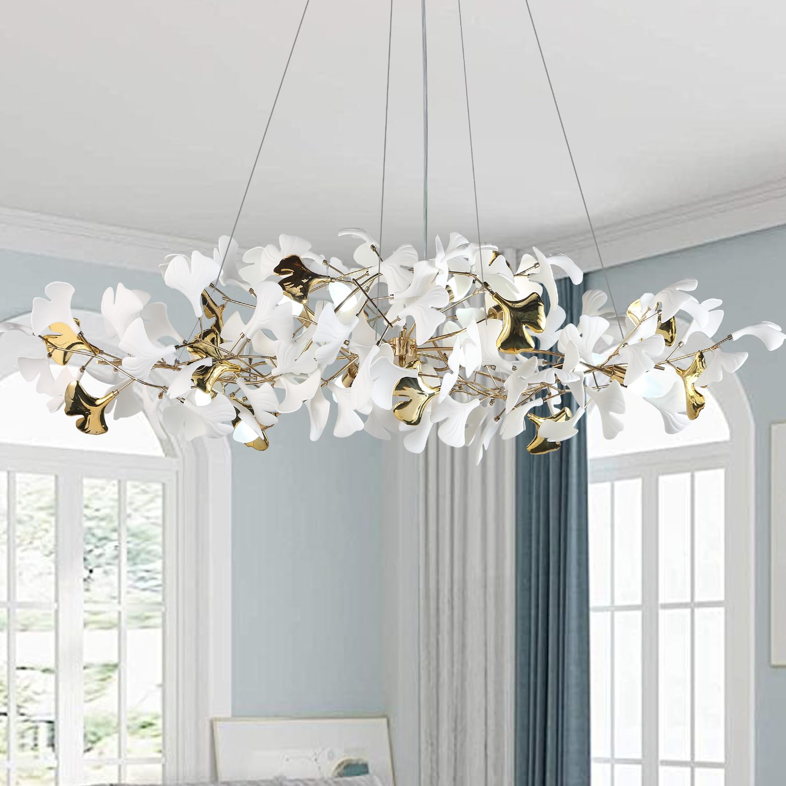 SJIGUANGZ 59in Gold Branch Chandelier, Modern White Ginkgo Leaf