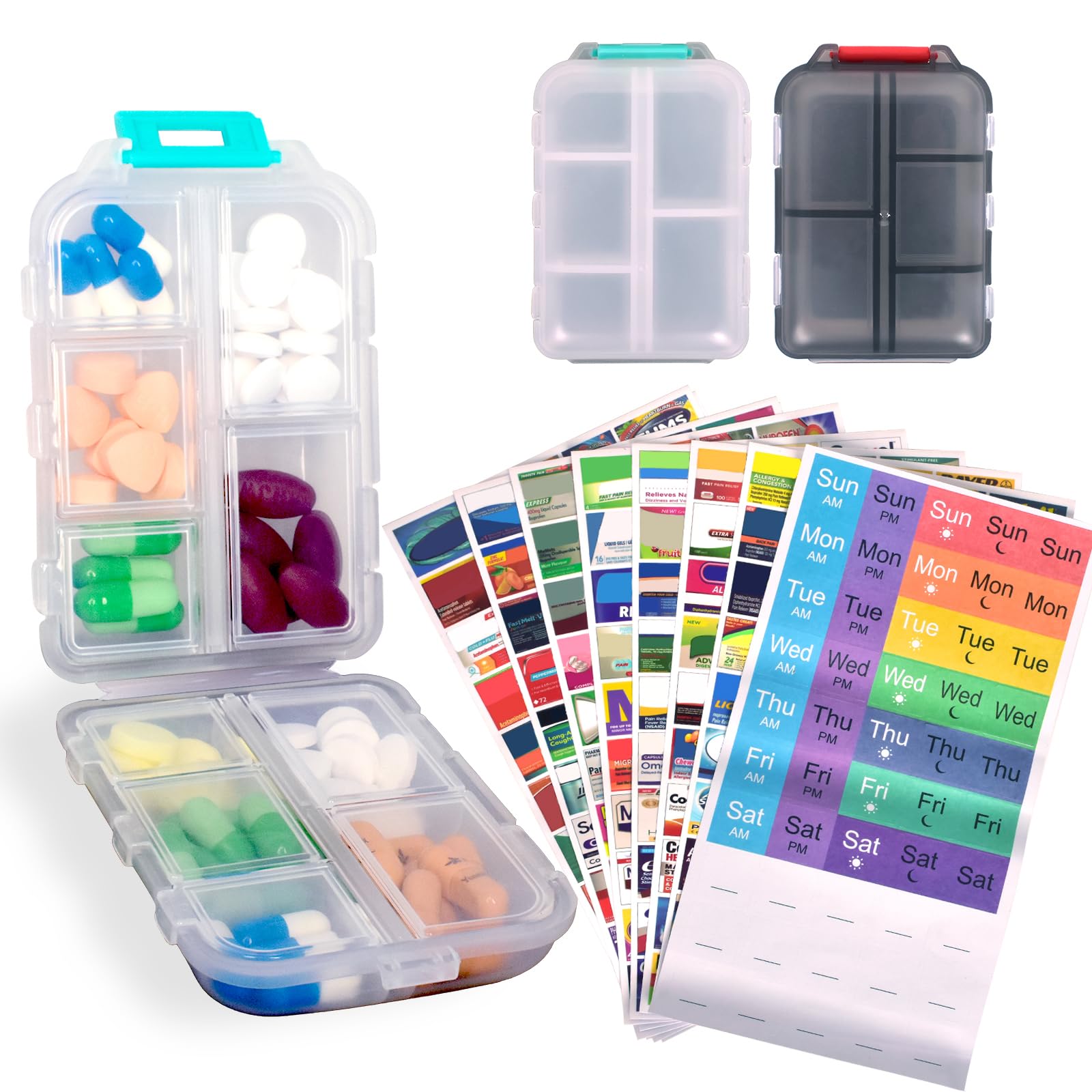 Photo 1 of 2 Pcs Pill Organizer with Medicine Labels, Portable Travel Medicine Daily Pill Container Organizer 7 Day Pill Case Storage Vitamin Fish Oil (White & Gray, 320 Medicine Lables)
