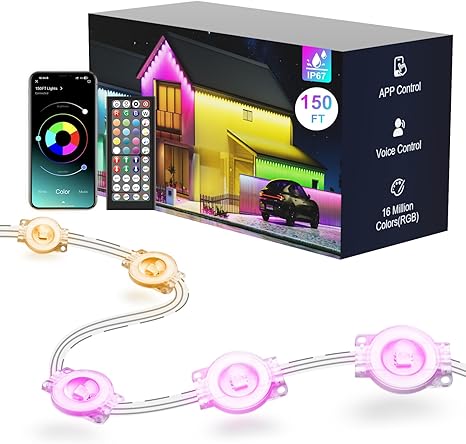 Fussion Permanent Outdoor Lights for House, 150ft RGB Halloween House Lights Outdoor with APP Remote Control, IP67 Waterproof Smart Eternity Eaves Lighting for Christmas, Holiday, Party, Daily
