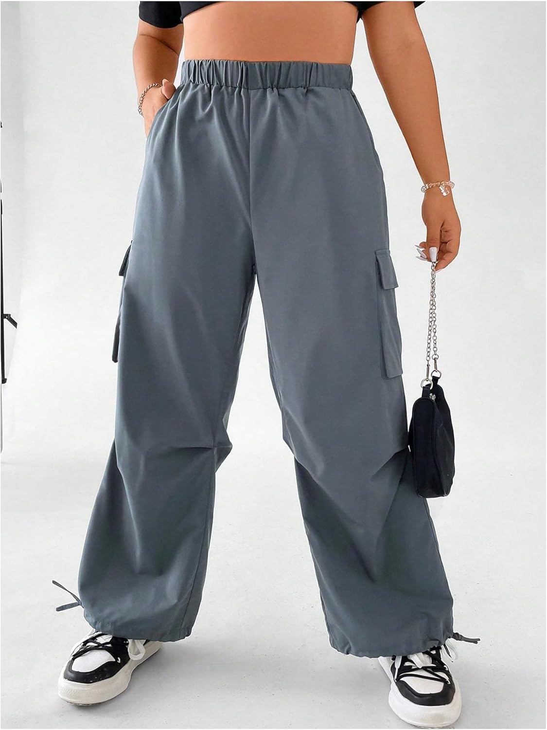 OYOANGLE Women's Plus Size Elastic High Waist Flap Pocket Cargo Pants Streetwear Loose Baggy Trousers with Pocket - Image 5