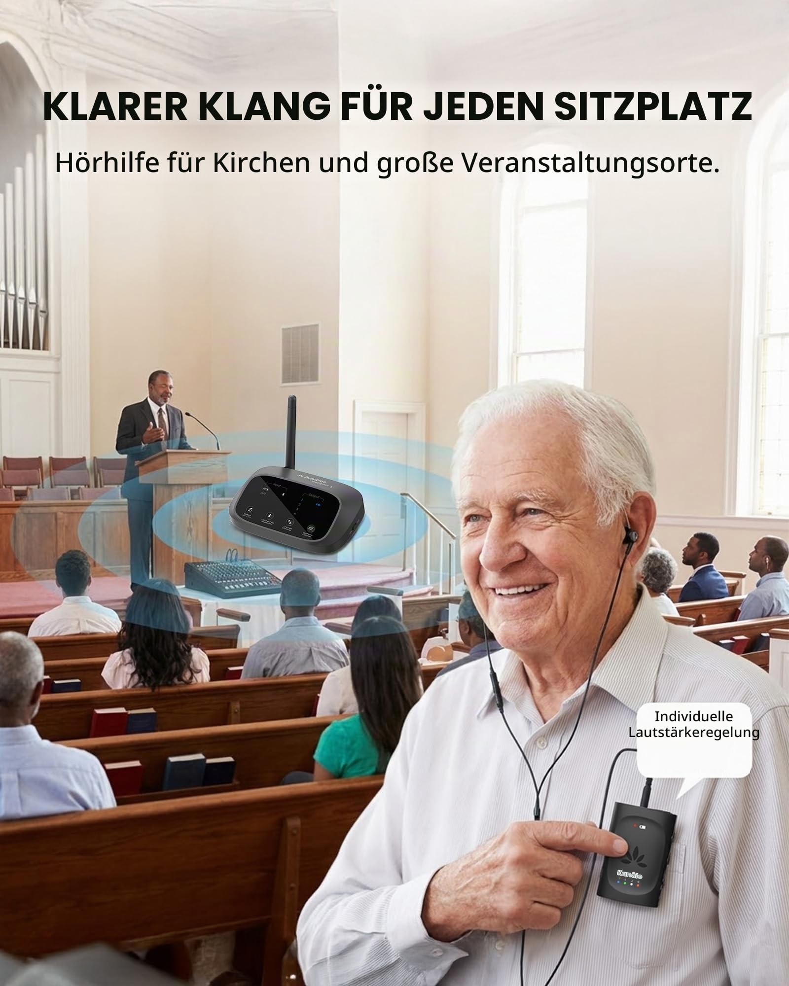 Avantree Audiplex M3 – Multi-Kanal Hörunterstützungsgerät für Schulen & Kirchen, 1 Sender & 3 Clip-Empfänger, 30ms Niedrige-Latenz Funk-Audiosystem