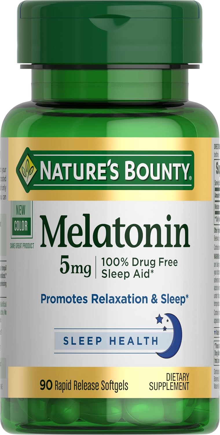 Natures Bounty Melatonin 100 Drug Free Sleep Aid Dietary Supplement Promotes Relaxation and Sleep Health 5mg 90 Softgels