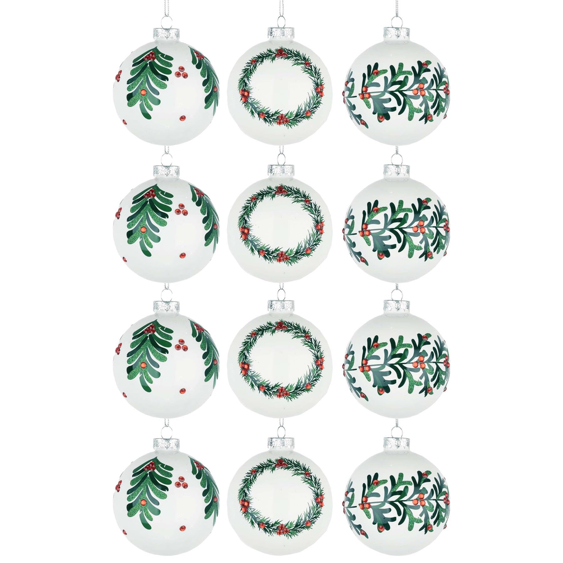 12Pcs/80mm Glass Baubles Christmas Tree Balls Spheres Hanging Ornaments Set Assorted Designs Xmas Tree Decorations, White