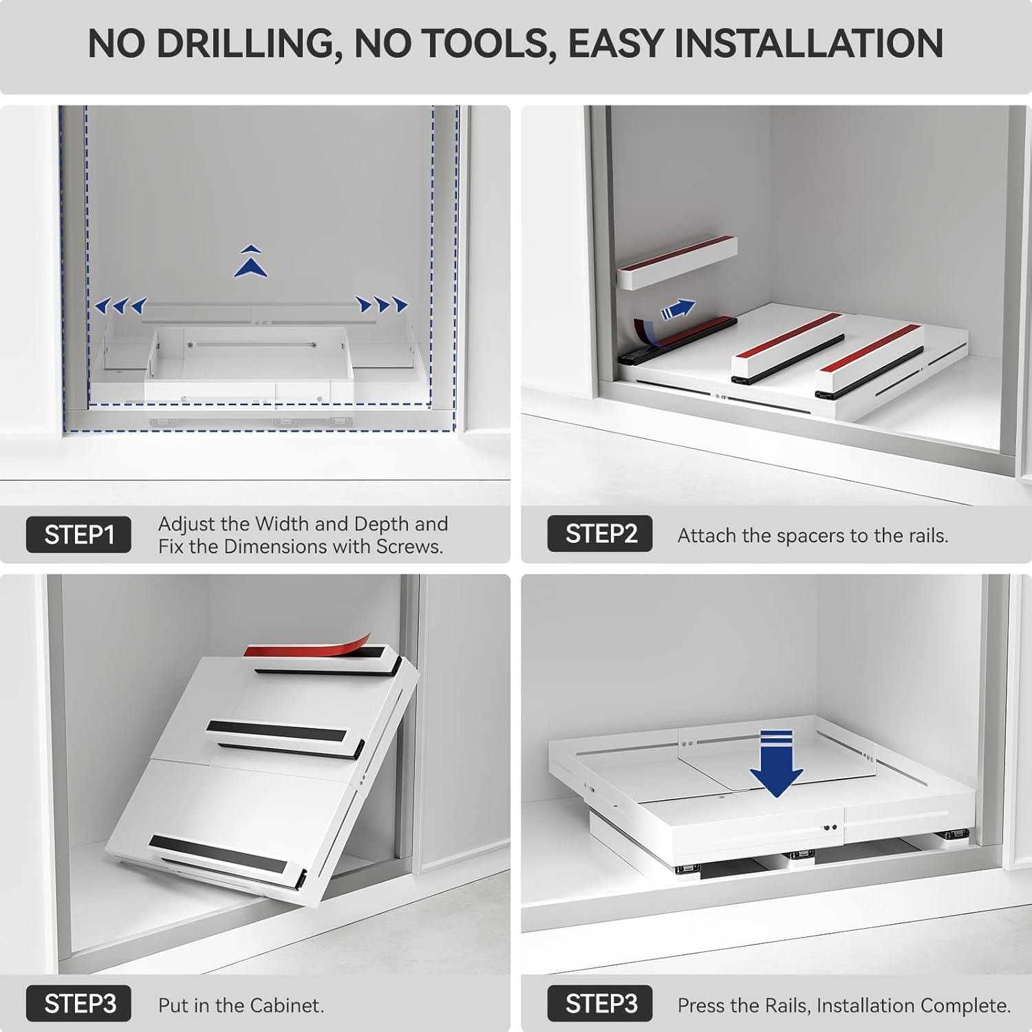 Pull Out Cabinet Organizer With Raising Pad for Framed Cabinets,Adjustable Depth(12.8"-17.5") And Width(14.8"-20.5"),Slide Out Drawers,No Drill Design,Heavy Duty Storing,White