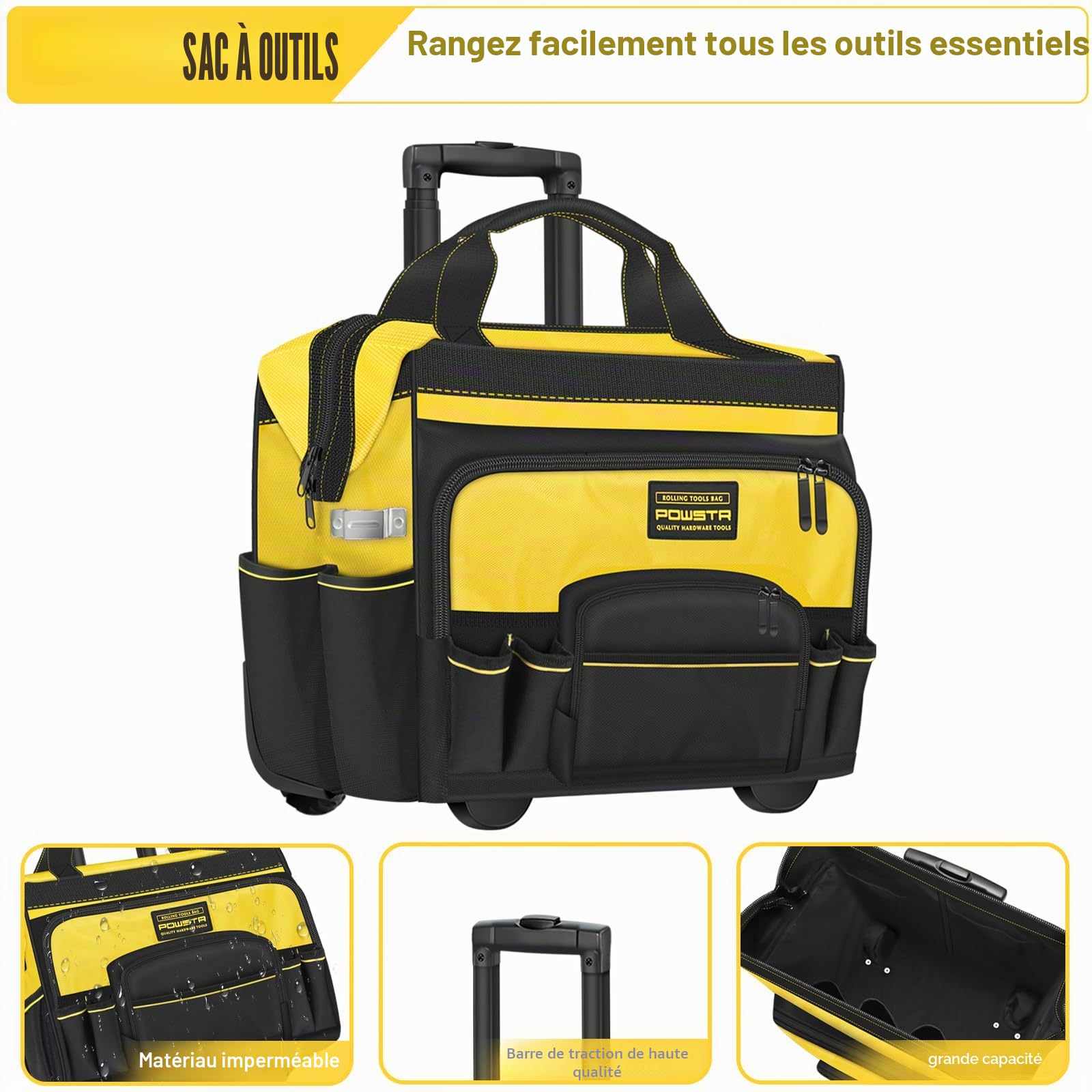Sac à Outils à Roulettes De 50,8cm Avec Poignée Télescopique Réglable, Base Stable et 15 Poches – Idéal Pour la Construction, la Mécanique, le Travail du Bois, l'entretien et Plus Encore