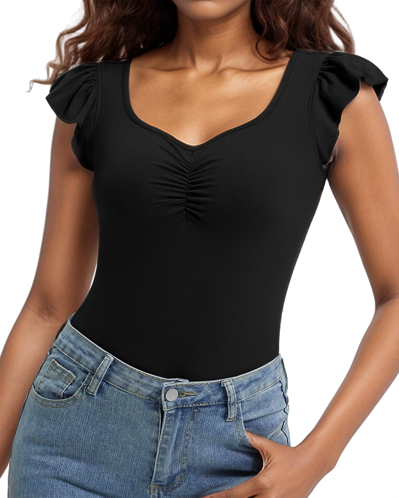 WOWENY Damen Shirt Elegant Sommer Oberteile Kurzarm Rüschenmanschette Slim Fit Stretch V-Ausschnitt T Shirt Elegant Sexy Basic Top