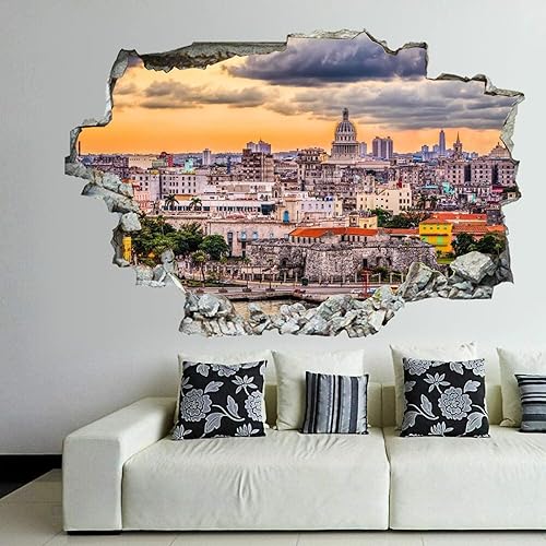 Miniatura 1 de Calcomanías de pared rotas en 3D, diseño de La Habana, Cuba Downtown Skyline at Dusk de 36 x 24 pulgadas, vinilo de pared extraíble, despegar y