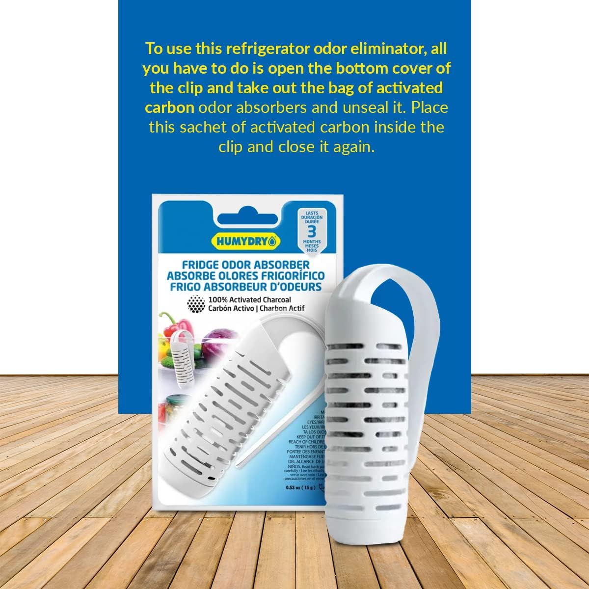 HUMYDRY® - Pack of 12 Natural Activated Charcoal Odor Eliminator Clips - For Refrigerator and Freezer - Fragrance-Free - Lasts 3 Months - Compact Design