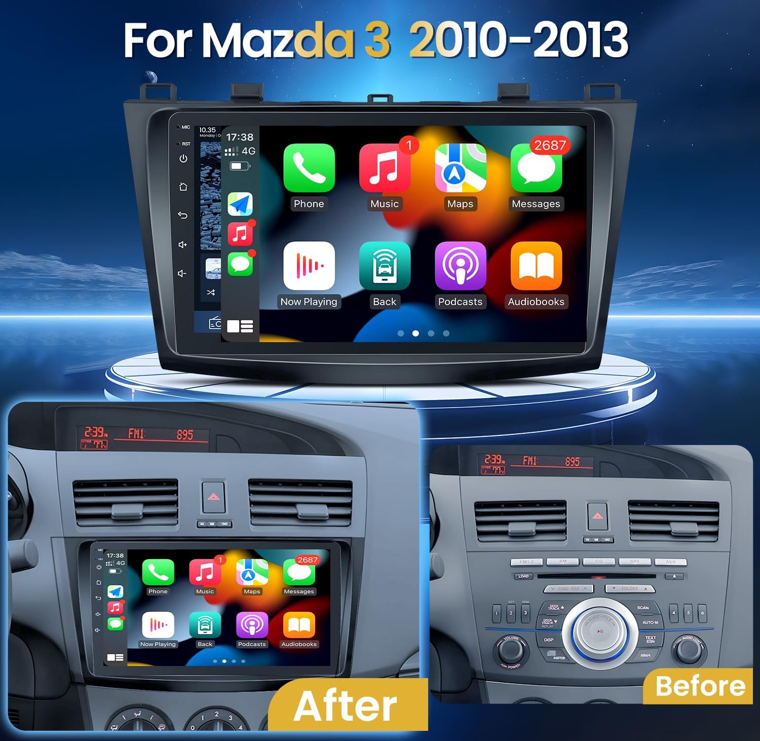 Before and after installation of the car radio in a Mazda 3 dashboard