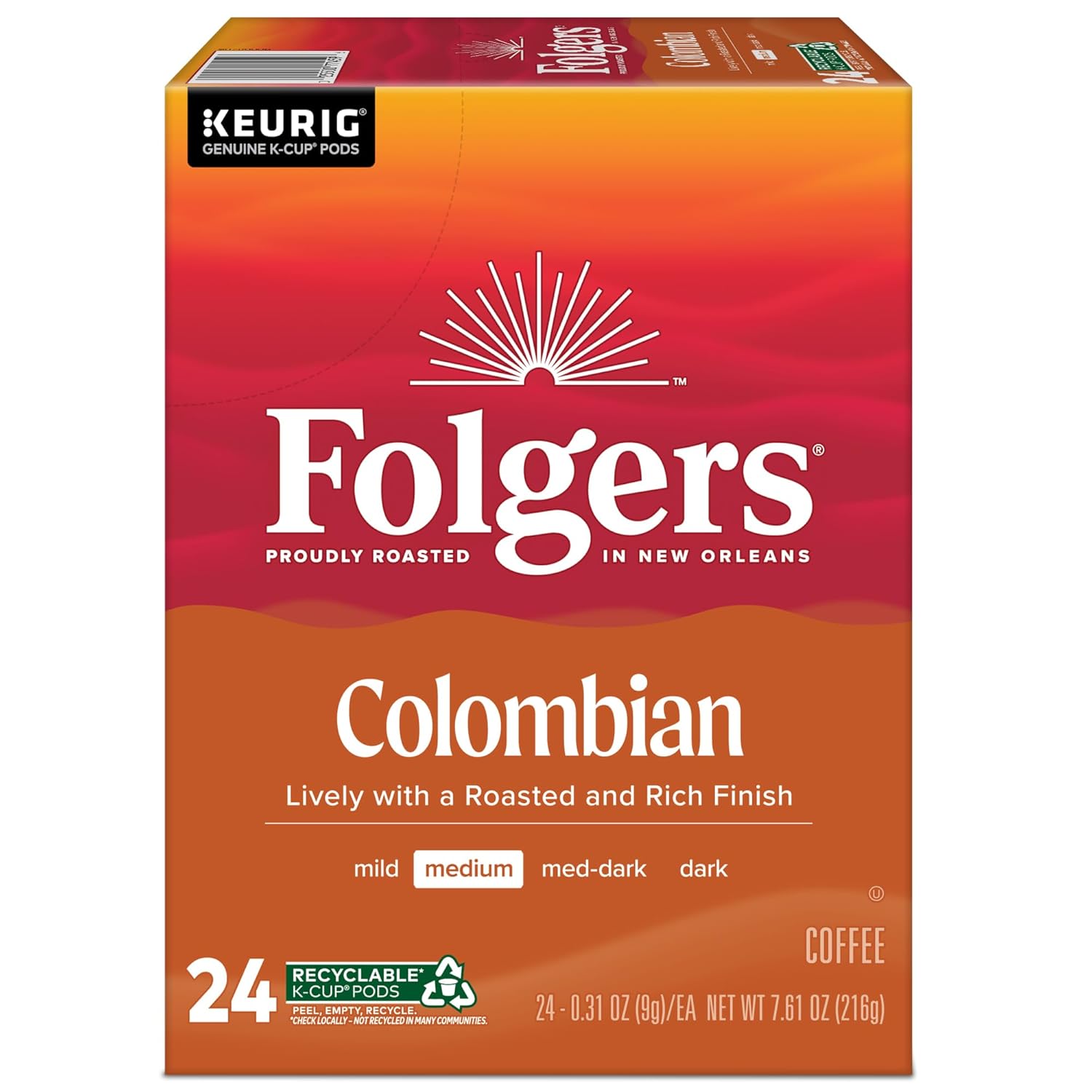 Folgers 100% Colombian Medium Roast Coffee, 96 Keurig K-Cup Pods