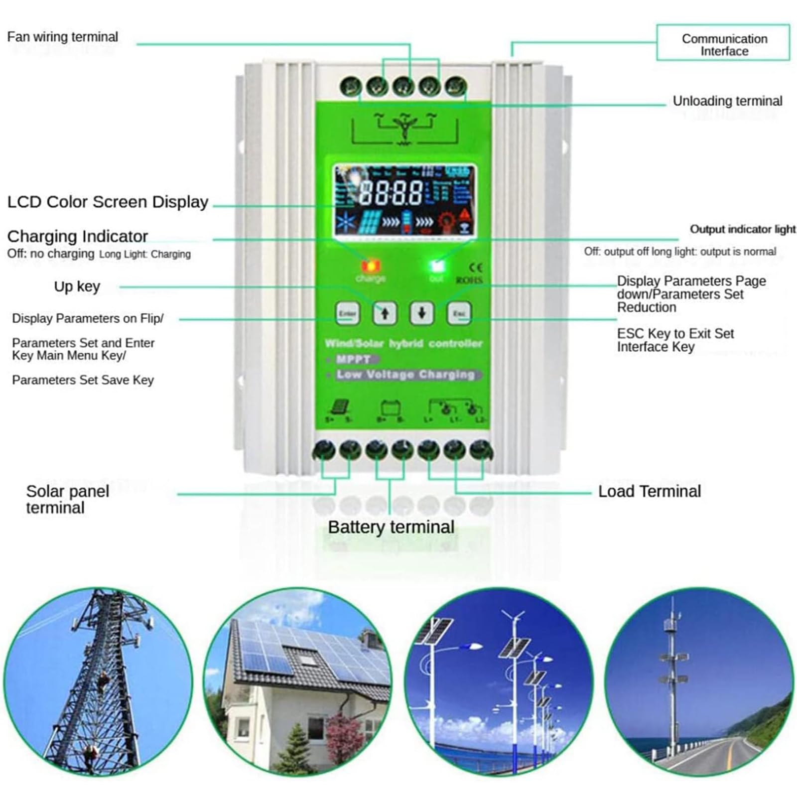 Wind Solar hybrydowy regulator ładowania MPPT 12 V/24 V/48 V regulator doładowania 3000 W-10000 W do ładowania akumulatora turbiny wiatrowej