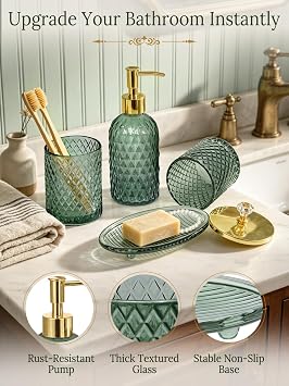 Haturi Bathroom Accessories Set, 4Pcs Sage Green Glass Bathroom Set Complete w/Bathroom Soap Dispenser Set, Toothbrush Holder, Qtip Holder, Soap Dish, Green Bathroom Decor, Gift for Home Apartment