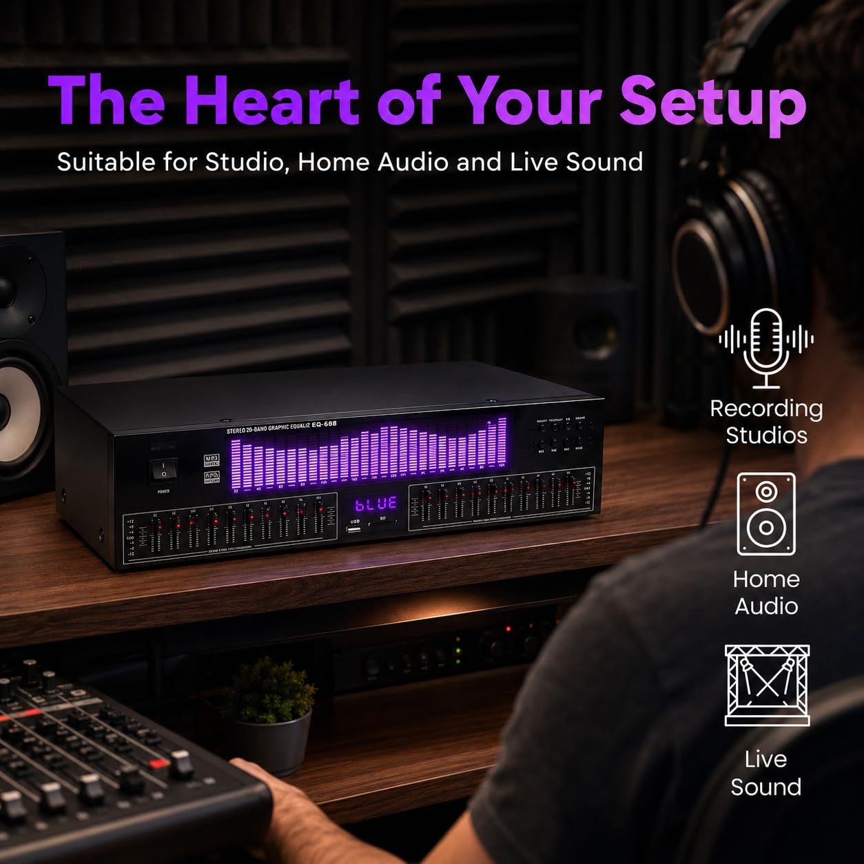 Égaliseur graphique stéréo 20 bandes avec affichage du spectre LED, réglage ± 12 dB, réduction du bruit, 15 styles dynamiques, télécommande pour système audio domestique