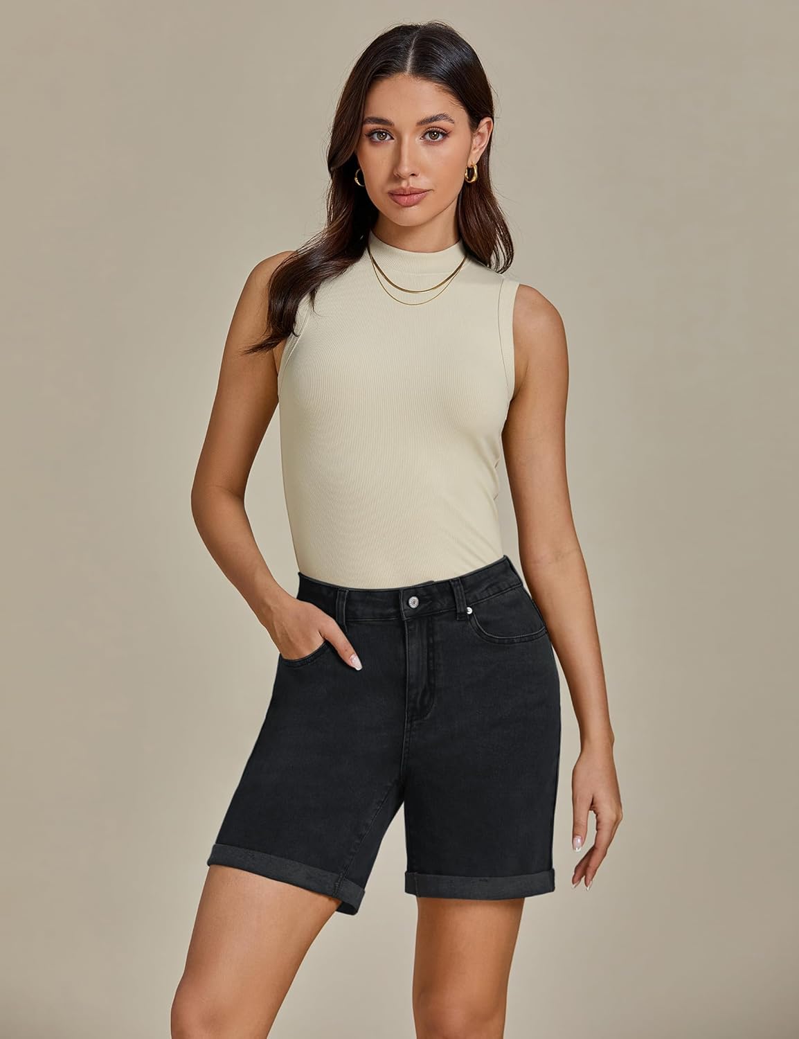 luvamia Jean Shorts for Women High Waisted Trendy Causal Summer Fold Hem Stretchy Long Denim Shorts 7 Inch Inseam - Image 2