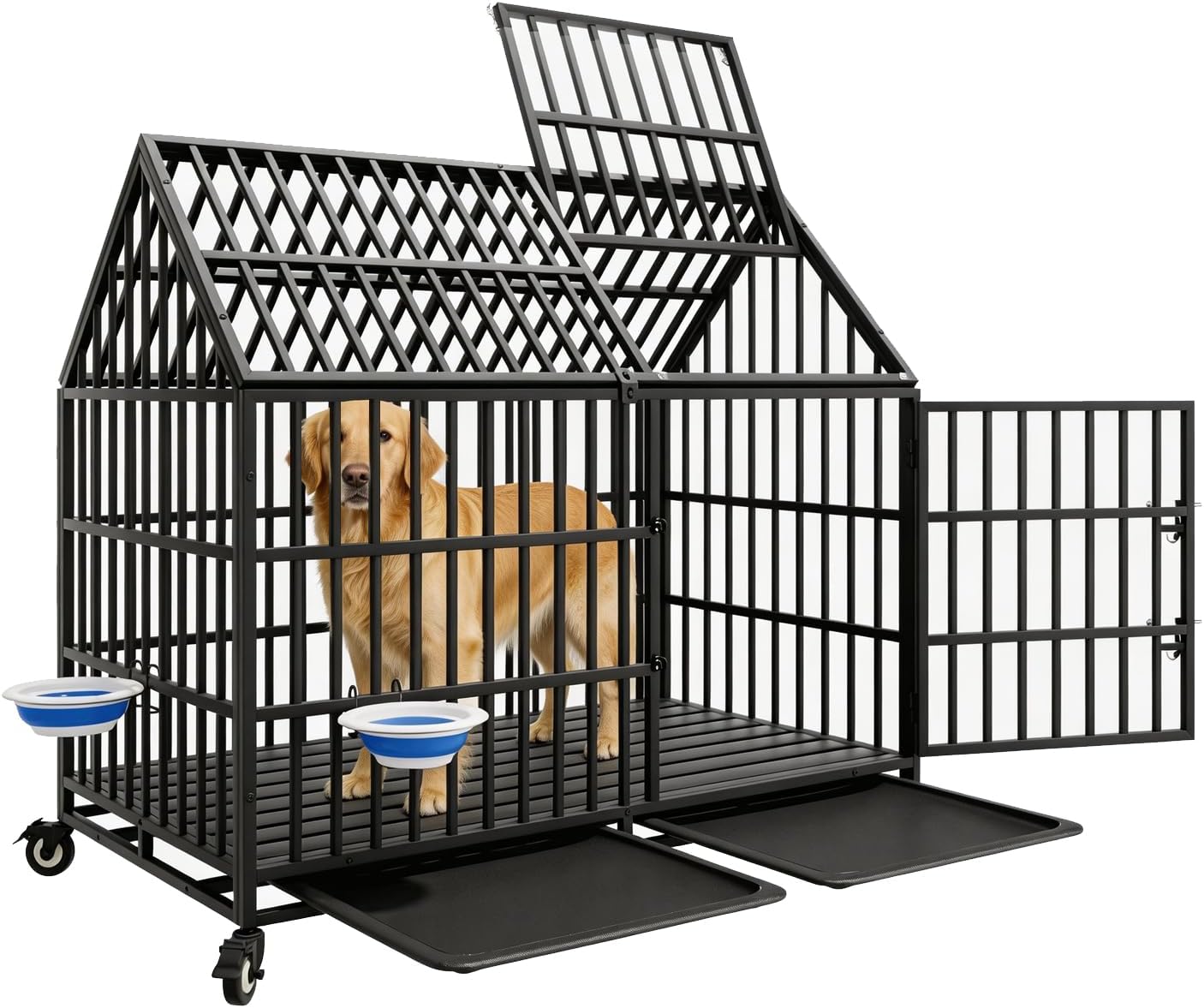 50 Inch Large Heavy Duty Dog Crate with 2 Bowls, Indestructible Pet Kennel with 4 Lockable Wheels and 2 Trays, Escape-Proof Impact Cage for High Anxiety Large Giant Dogs, XL/XXL